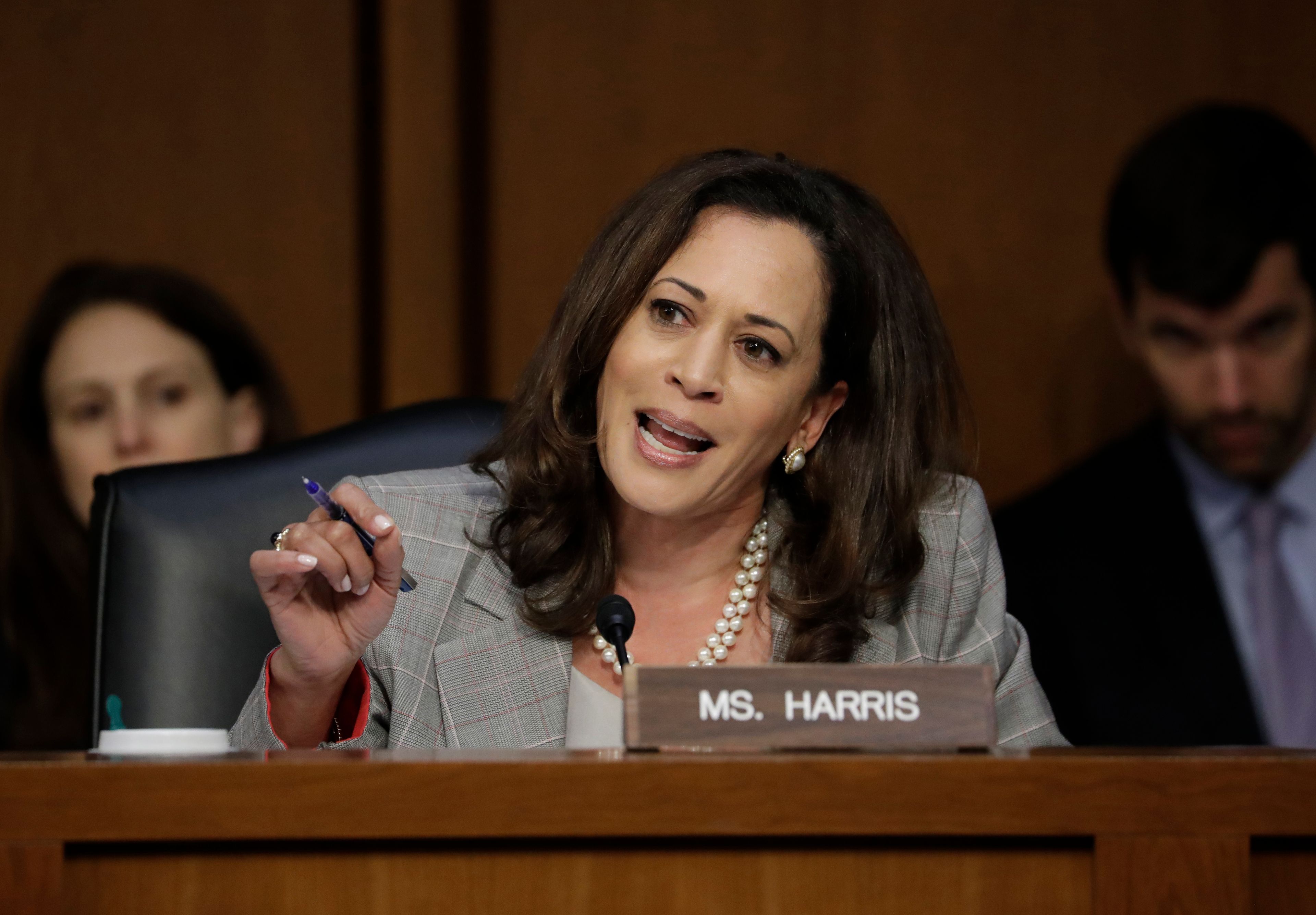 FILE - Sen. Kamala Harris, D-Calif., speaks before the Senate Select Committee on Intelligence on Capitol Hill, June 13, 2017, in Washington. She's already broken barriers, and now Vice President Harris could soon become the first Black woman to head a major party's presidential ticket after President Joe Biden's ended his reelection bid. The 59-year-old Harris was endorsed by Biden on Sunday, July 21, after he stepped aside amid widespread concerns about the viability of his candidacy. (AP Photo/J. Scott Applewhite, File)