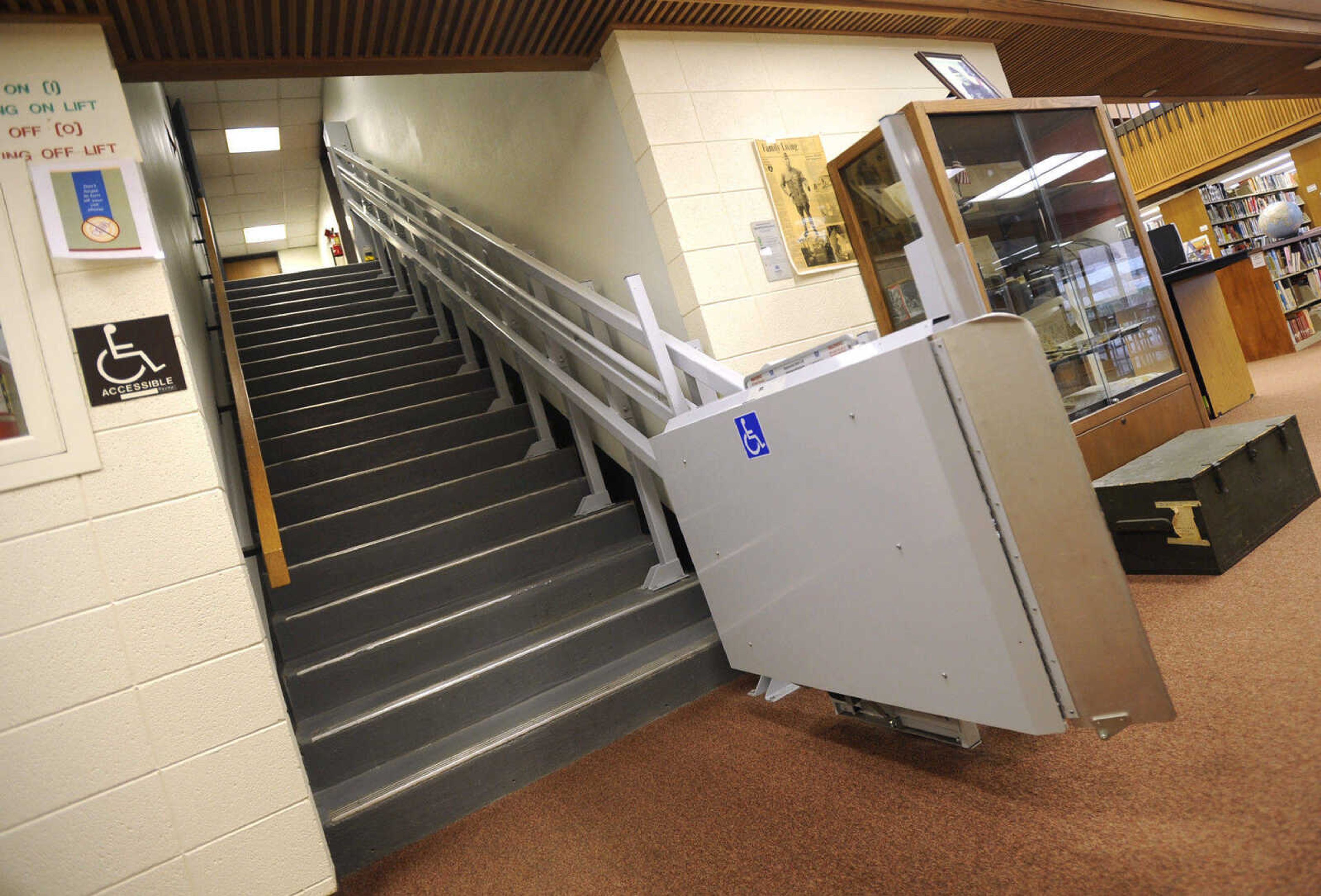 FRED LYNCH ~ flynch@semissourian.com
A stairlift provides accessibility to the second floor in the C.H. Cozean Library at Mineral Area College in Park Hills, Mo.