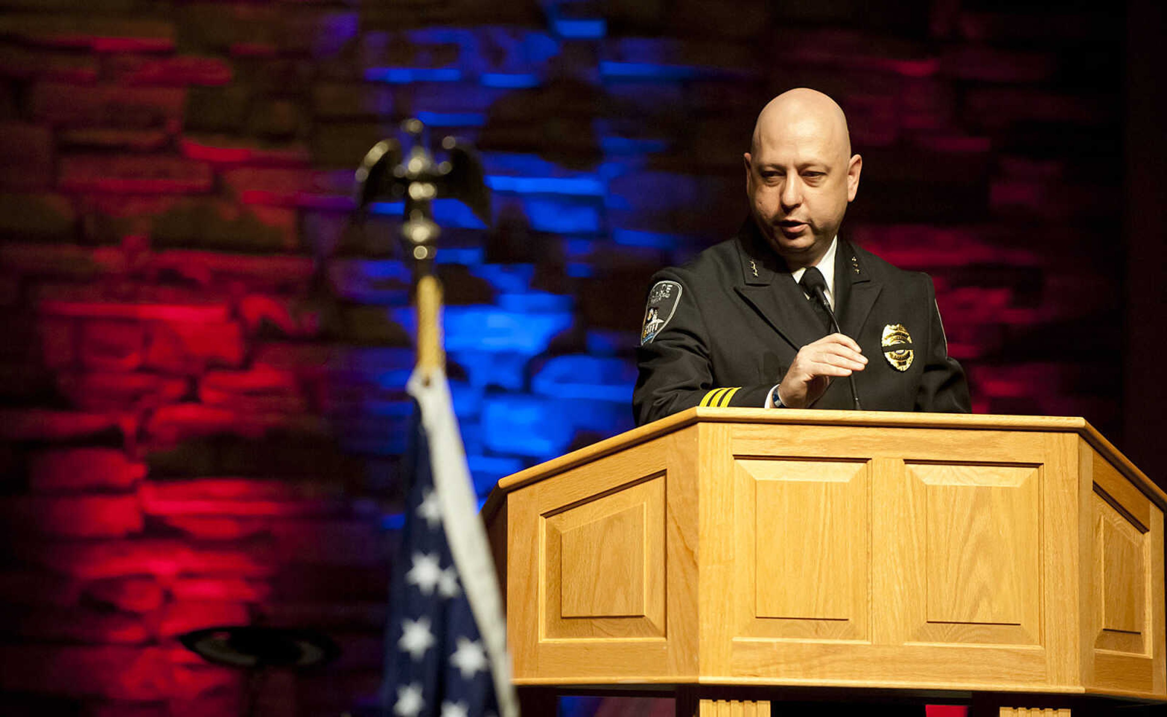 Cape Girardeau police chief Wes Blair speaks during the Senior and Lawmen Together Law Enforcement Memorial Friday, May 9, at the Cape Bible Chapel. The annual memorial honored the 48 Southeast Missouri law enforcement officers that have died in the line of duty since 1875.