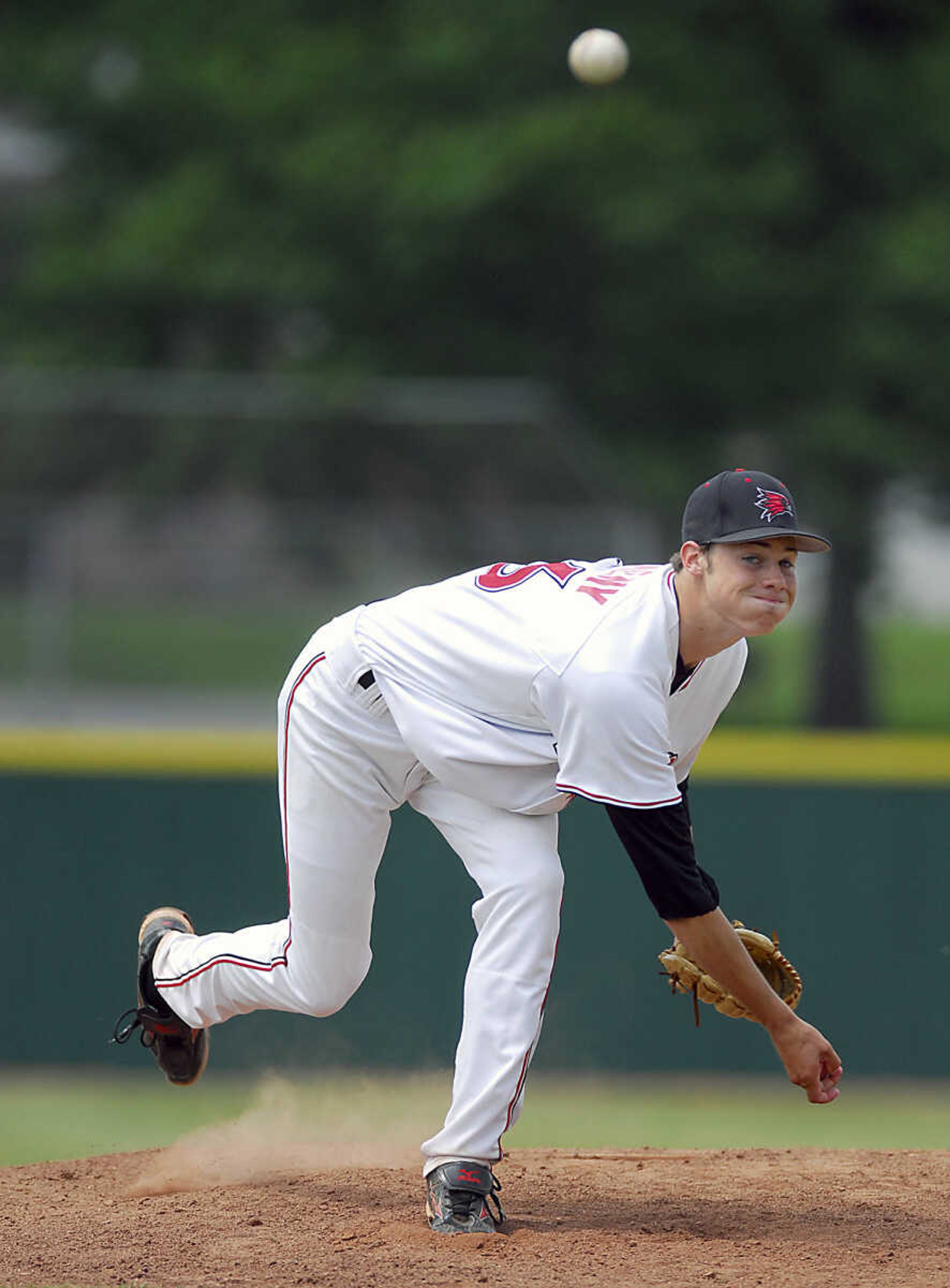 KIT DOYLE ~ kdoyle@semissourian.com
Junior Kyle Gumieny delivers Friday, May 15, 2009, at Capaha Field.