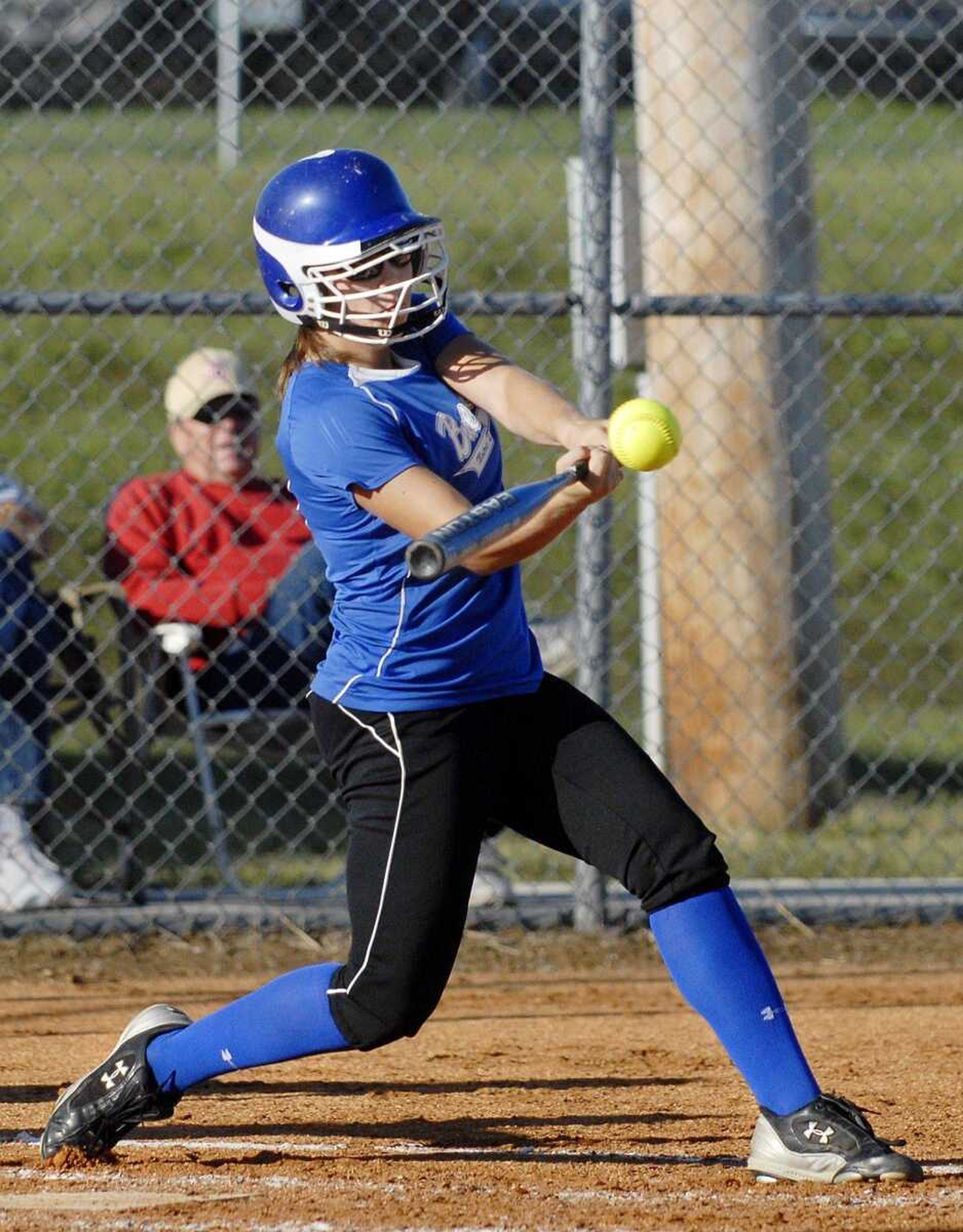 Notre Dame's Jessica Menz connects for a double in the first inning against Kelly Monday, September 27, 2010 at Notre Dame Regional High School. (Laura Simon)