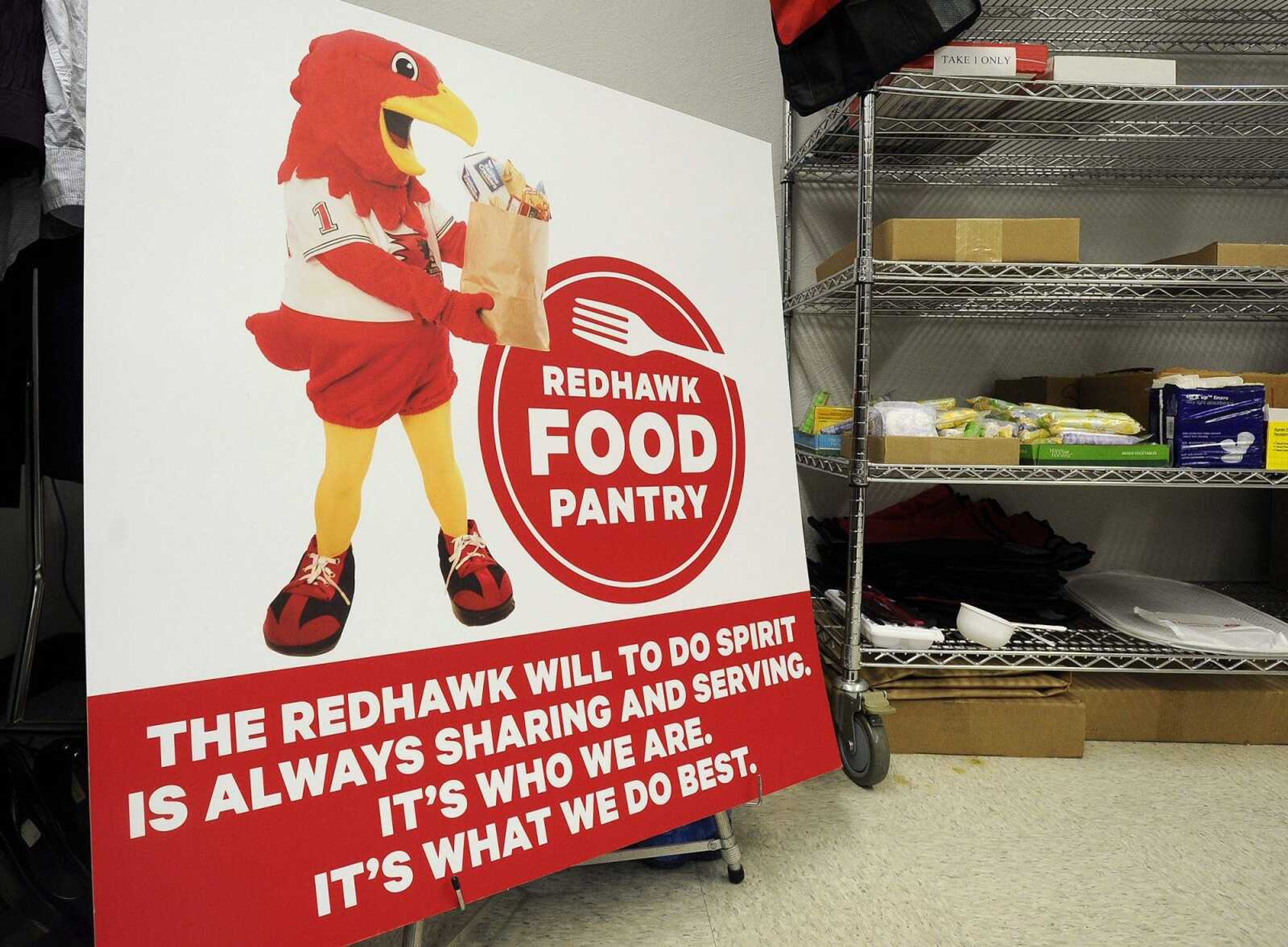 A poster with Rowdy Redhawk is seen Thursday at the Redhawk Food Pantry at Southeast Missouri State University.