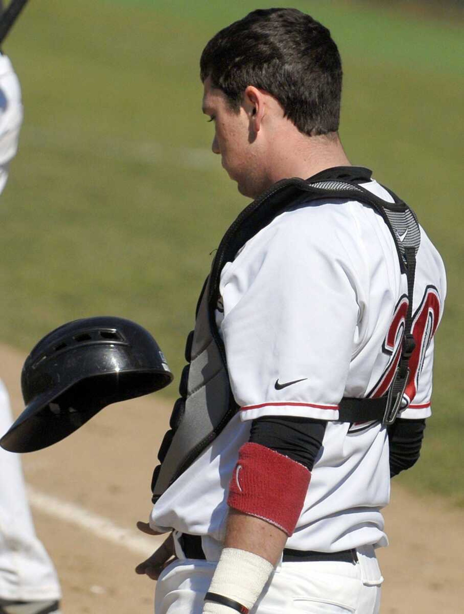 Southeast Missouri State catcher Kody Campbell reacts after Illinois State scores during the fourth inning of their first game Saturday at Capaha Field. (Laura Simon)