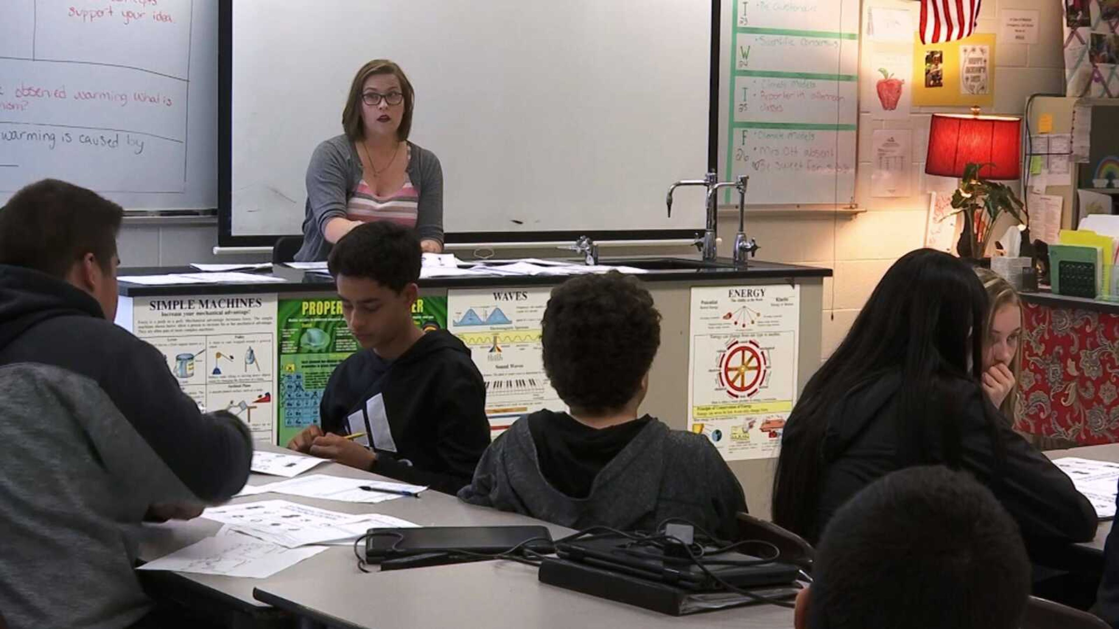 Science teacher Sarah Ott speaks to her class about climate literacy in Dalton, Georgia. Teachers across the country describe struggles finding trustworthy materials to help them teach their students about climate change.