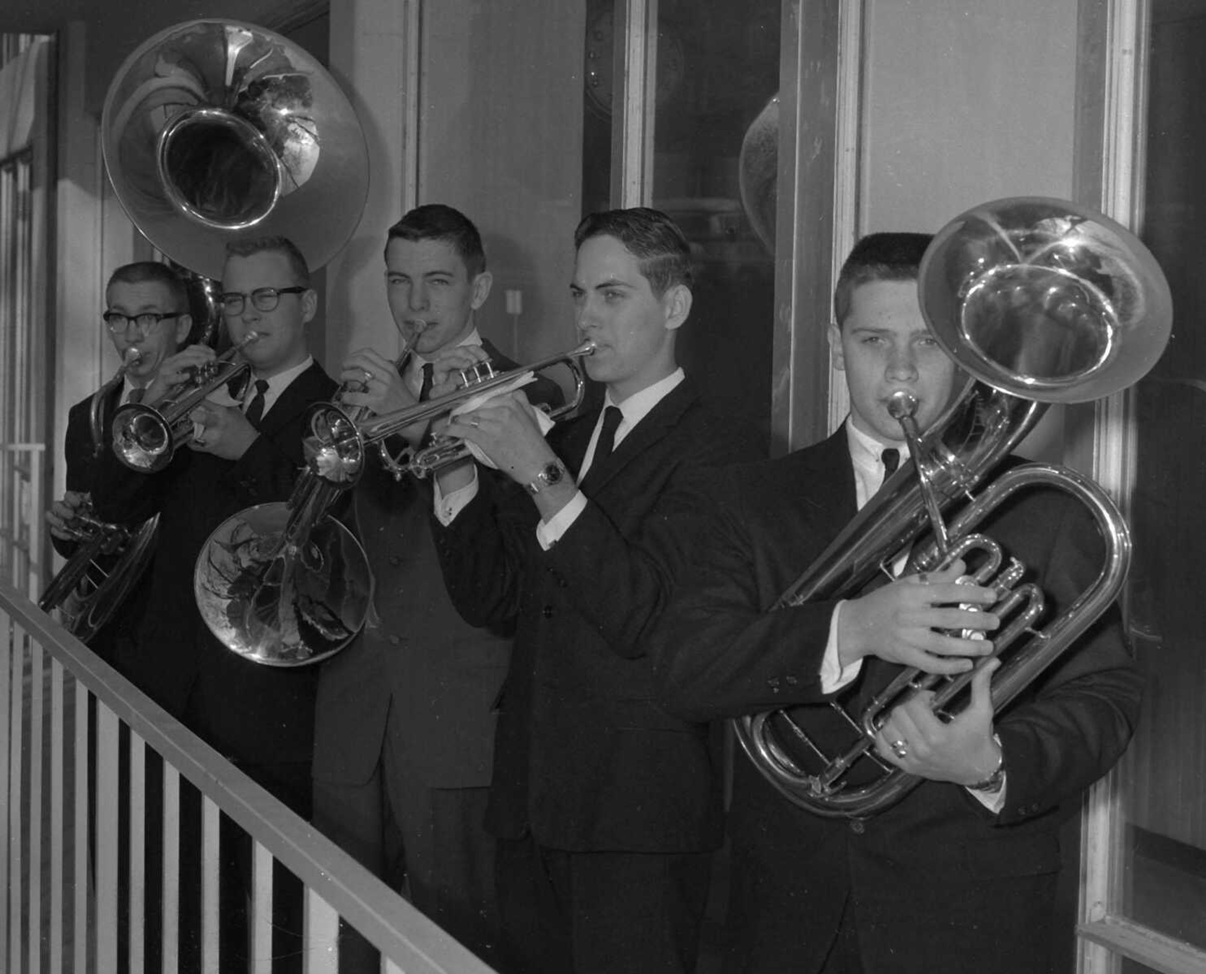 A high school brass quintet was likely practicing for its performance at a State College music contest.