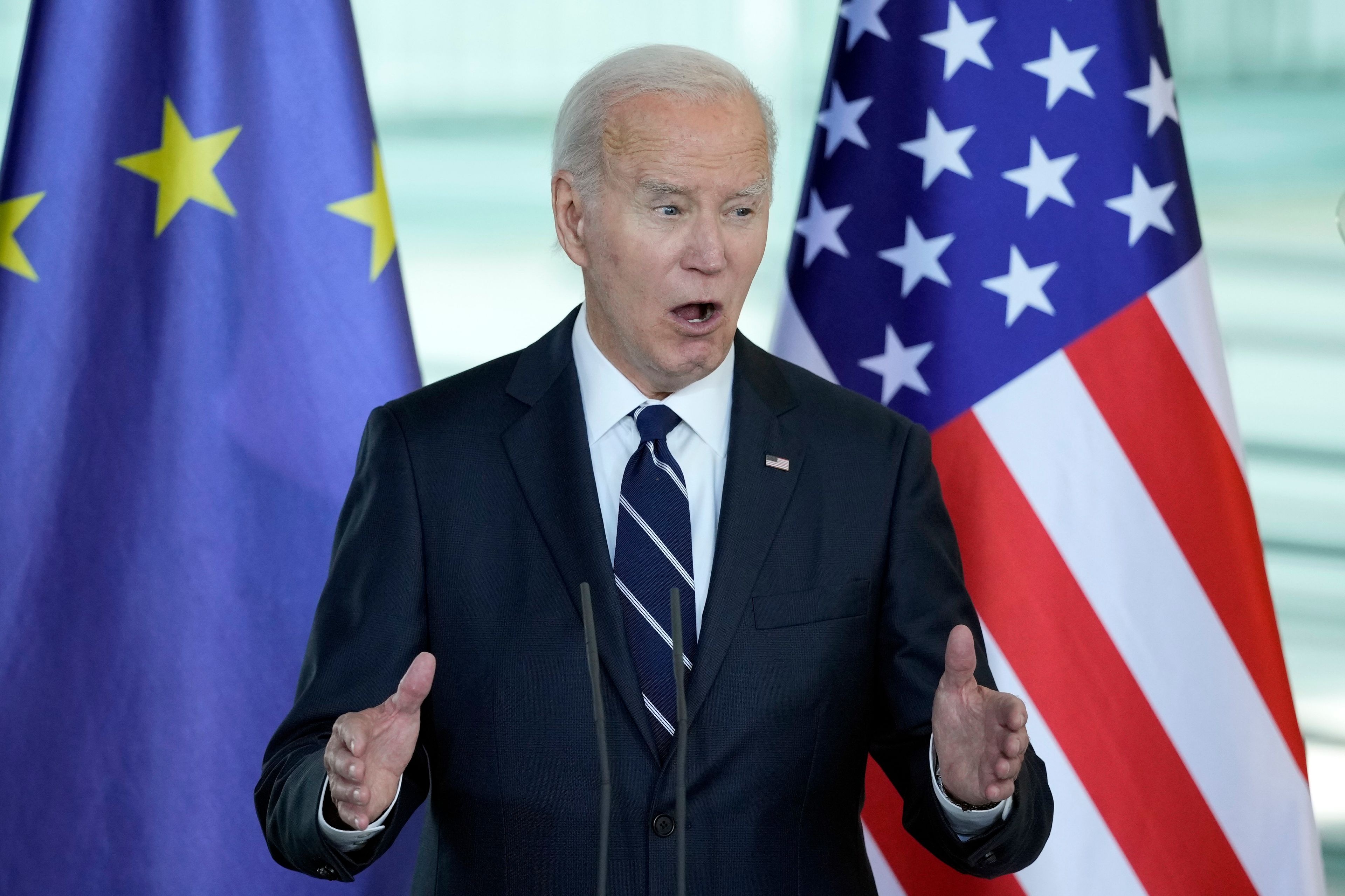 President Joe Biden talks to the media during a joint statement to the press with German Chancellor Olaf Scholz at the Chancellery in Berlin, Germany, Friday, Oct. 18, 2024. (AP Photo/Ebrahim Noroozi)