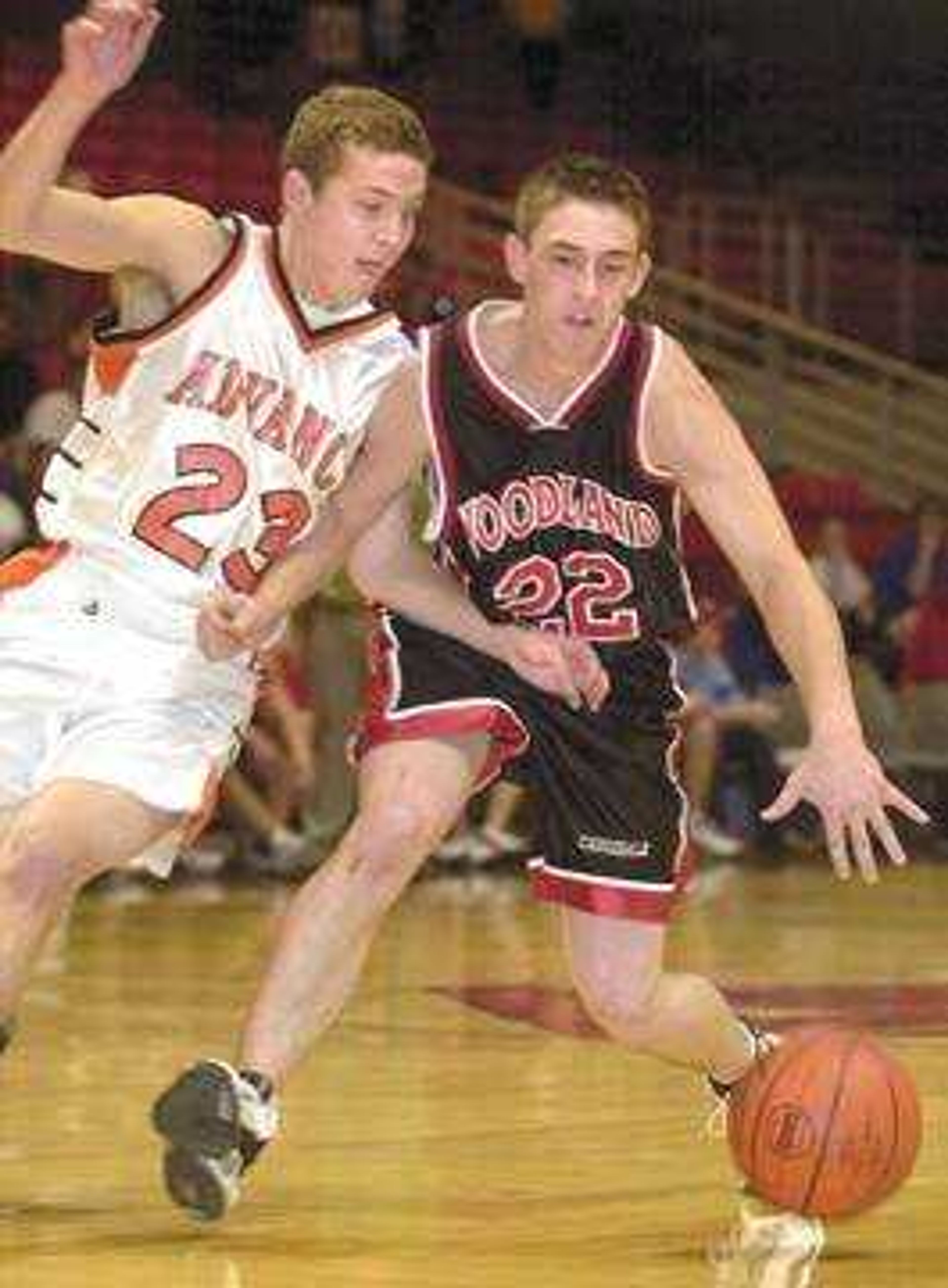 Advance's Daryl Wade, left, challenged Woodland's Scott Crader in the first half of their game Friday.