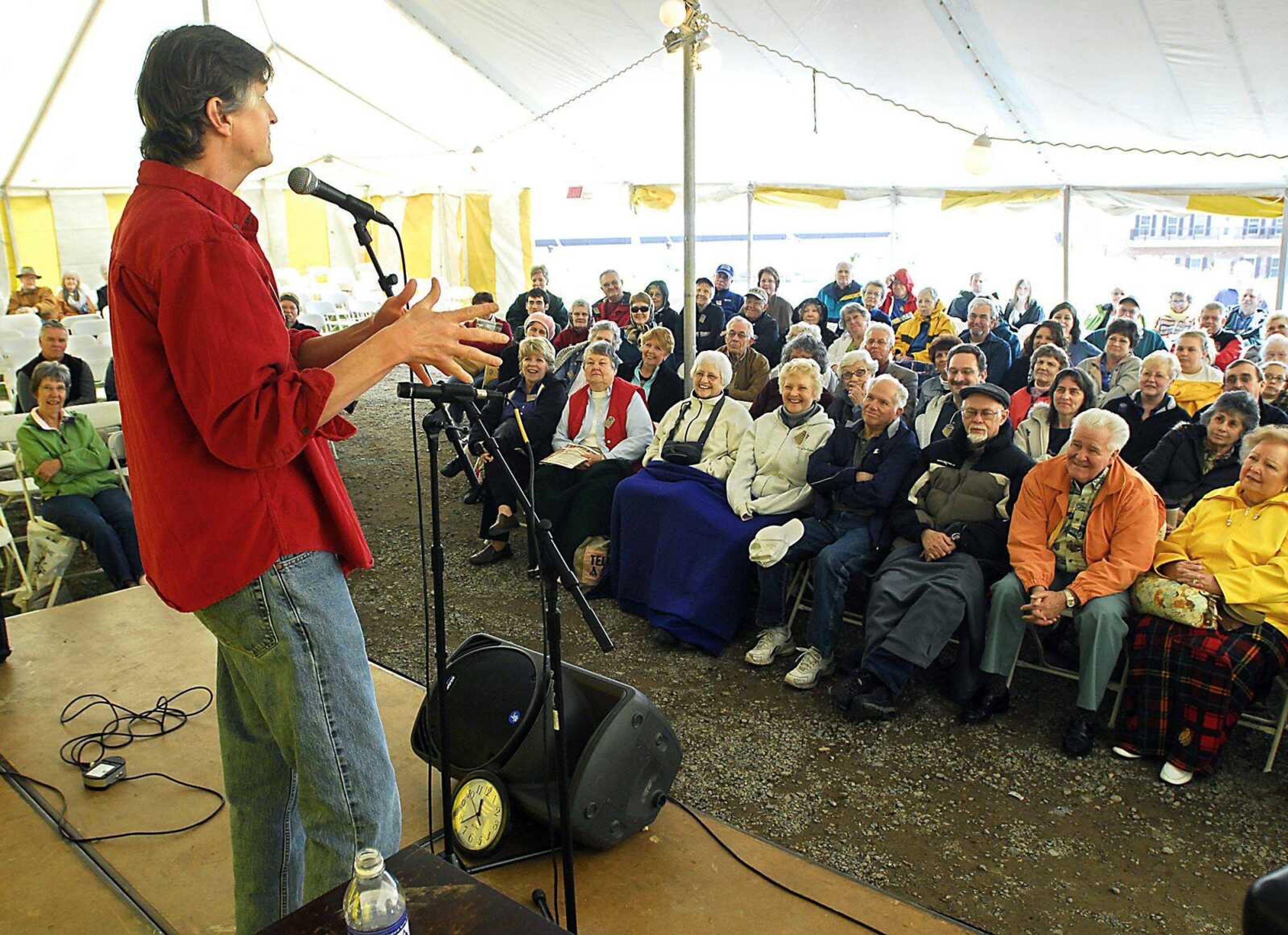 Andy Offutt Irwin entertains Cape Girardeau Storytelling Festival guests with several Southern characters Saturday morning in the Drury performance tent. (Kit Doyle)