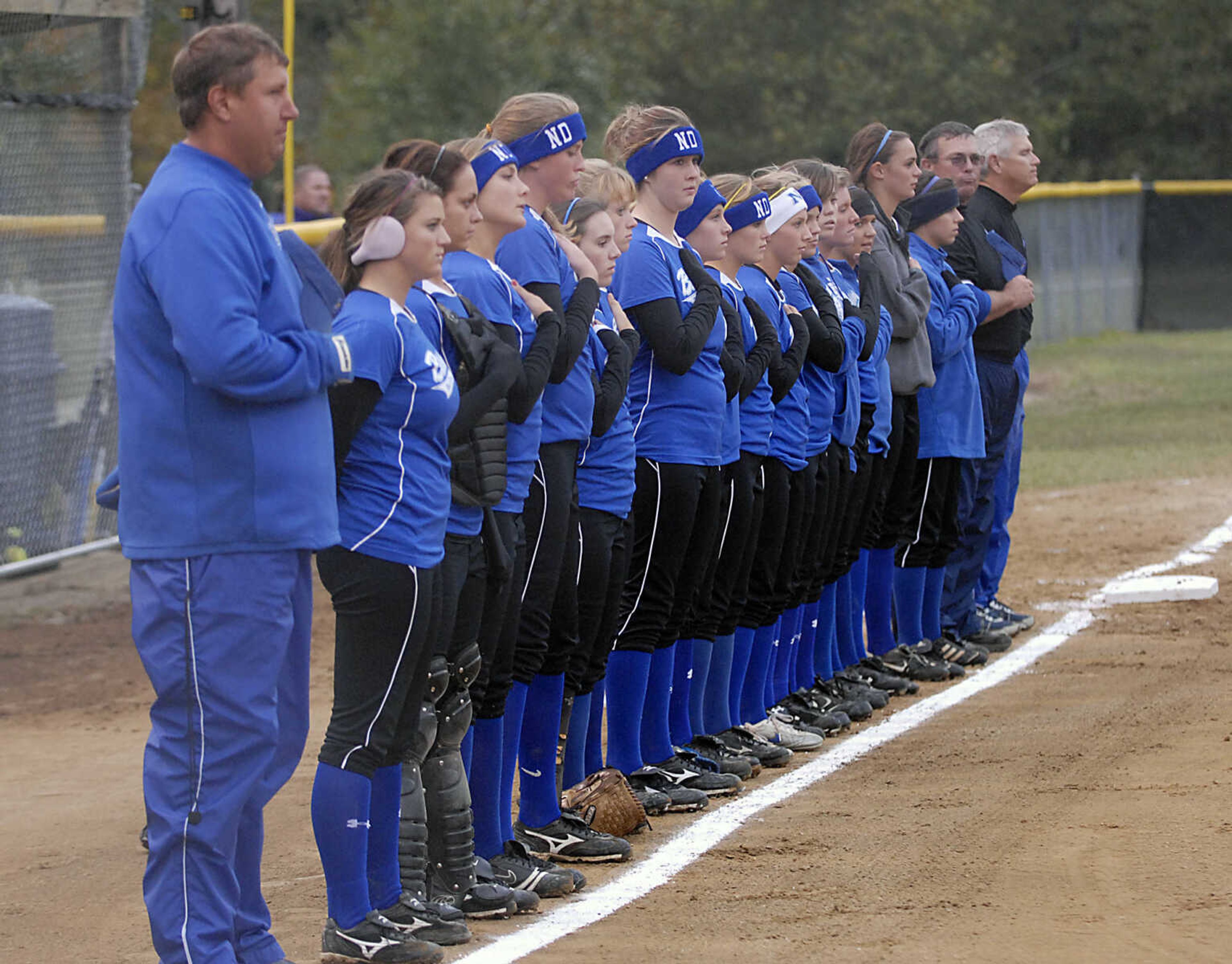 KIT DOYLE ~ kdoyle@semissourian.com
Notre Dame lines up for the national anthem prior to the sectional game against DeSoto Thursday, October 15, 2009, in Poplar Bluff.