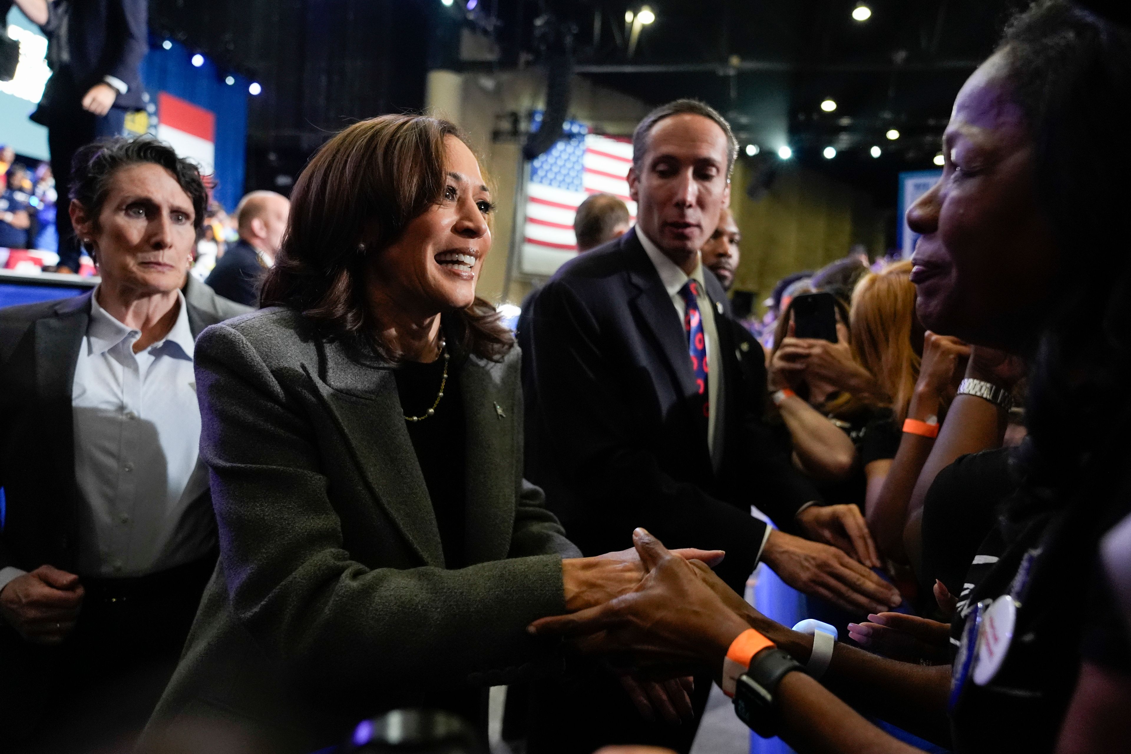 Democratic presidential nominee Vice President Kamala Harris greets members of the crowd after speaking at a campaign event at Lakewood Amphitheatre, Saturday, Oct. 19, 2024, in Atlanta. (AP Photo/Jacquelyn Martin)