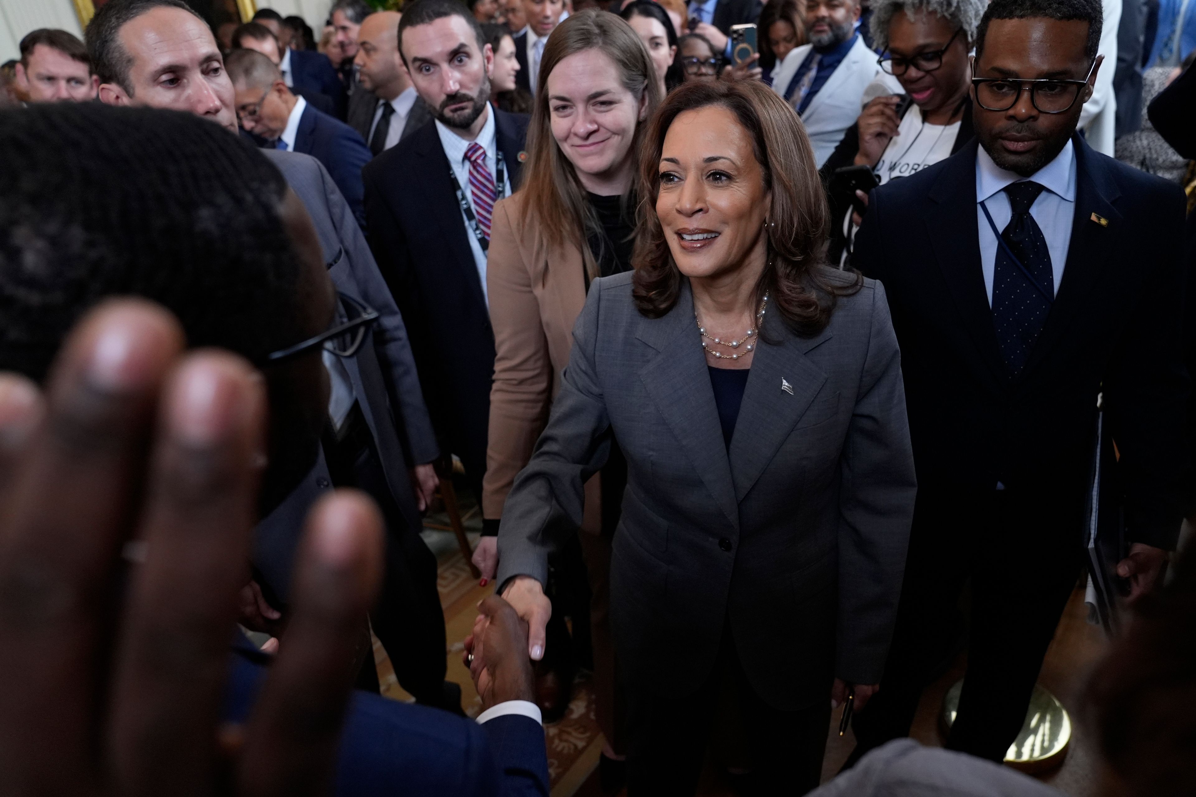 Vice President Kamala Harris greets guests in the East Room of the White House in Washington, Thursday, Sept. 26, 2024, following an even on gun violence in the United States. (AP Photo/Susan Walsh)