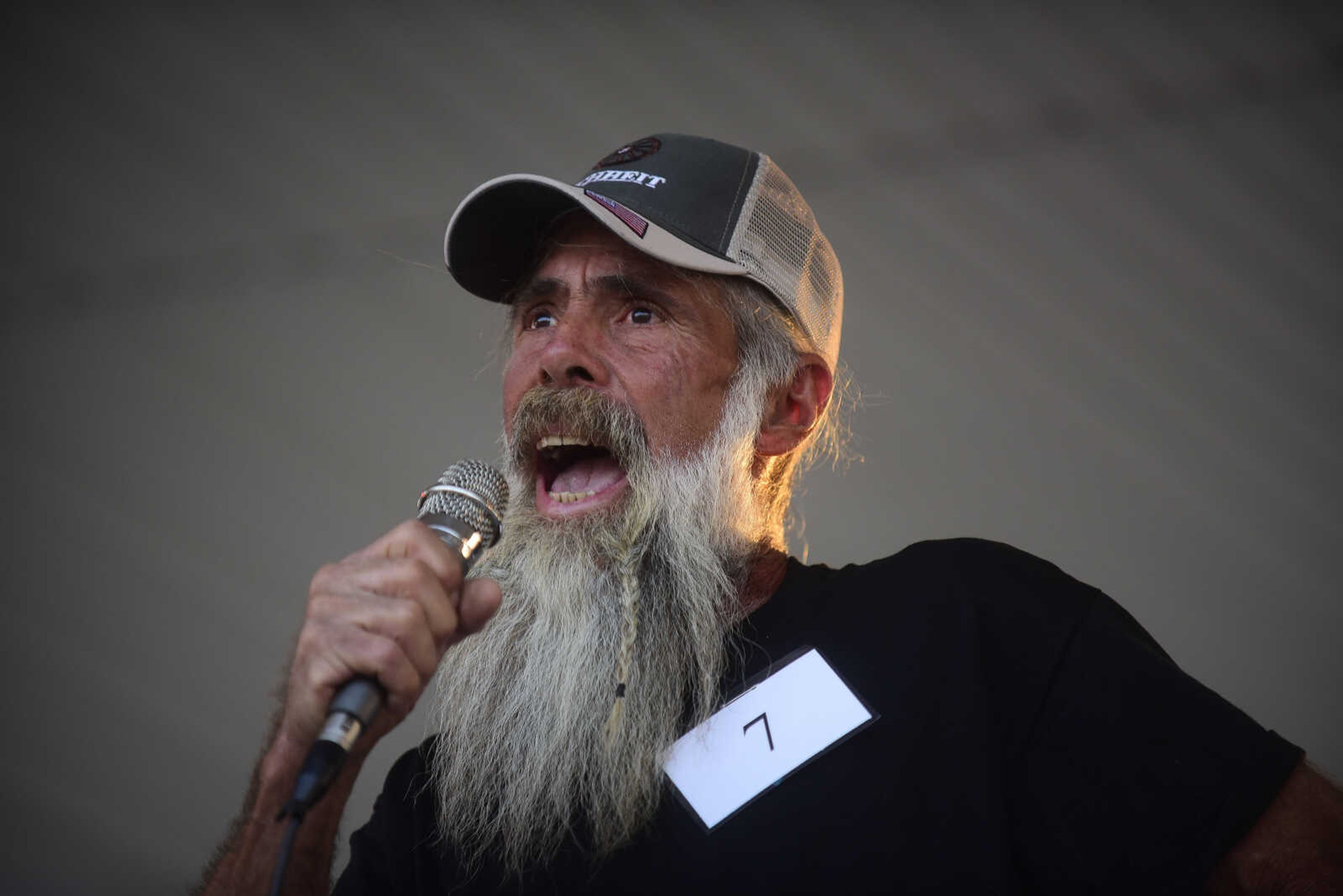 Pete Meirer talks to the audience during the Perryville Pinup contest Saturday, Sept. 2, 2017 in downtown Perryville.