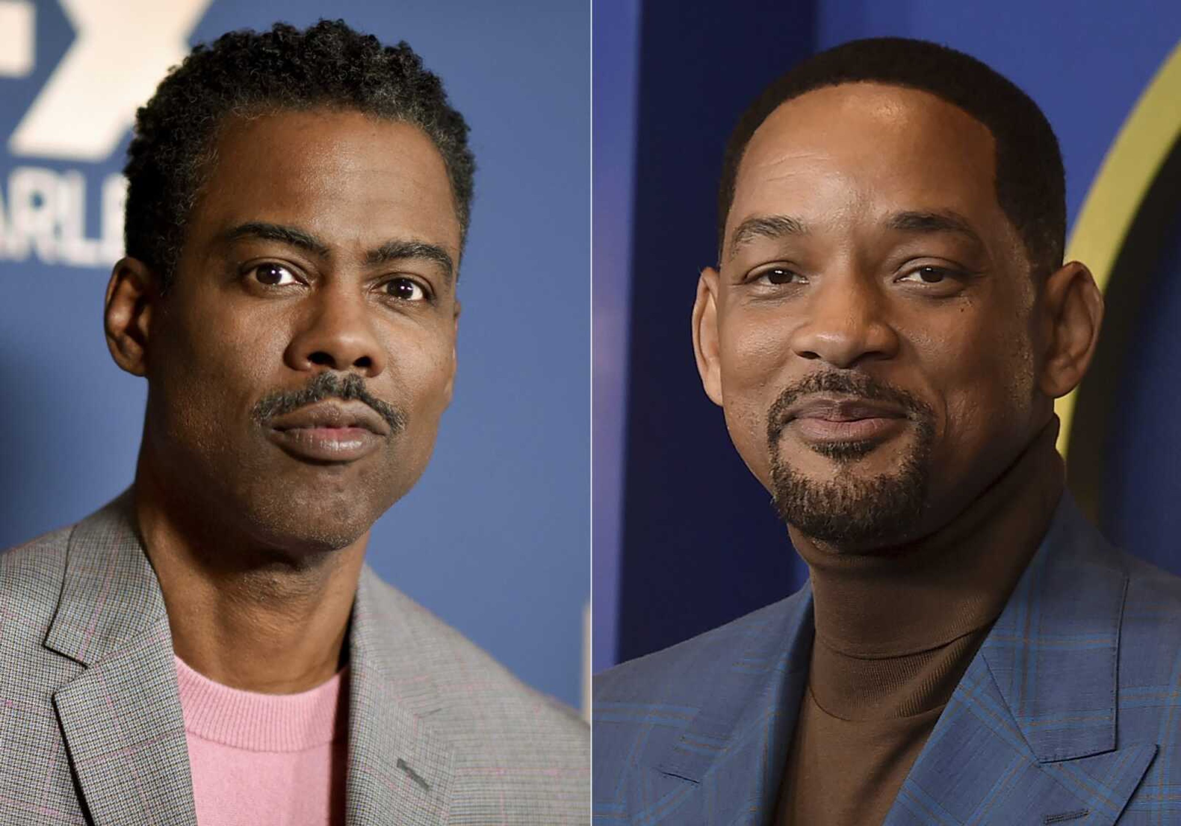 Chris Rock appears at the the FX portion of the Television Critics Association Winter press tour Jan. 9, 2020, in Pasadena, California, left, and Will Smith appears at the 94th Academy Awards nominees luncheon March 7 in Los Angeles. Smith was banned from the Oscars and other film academy events for 10 years for slapping Rock onstage at Academy Awards.