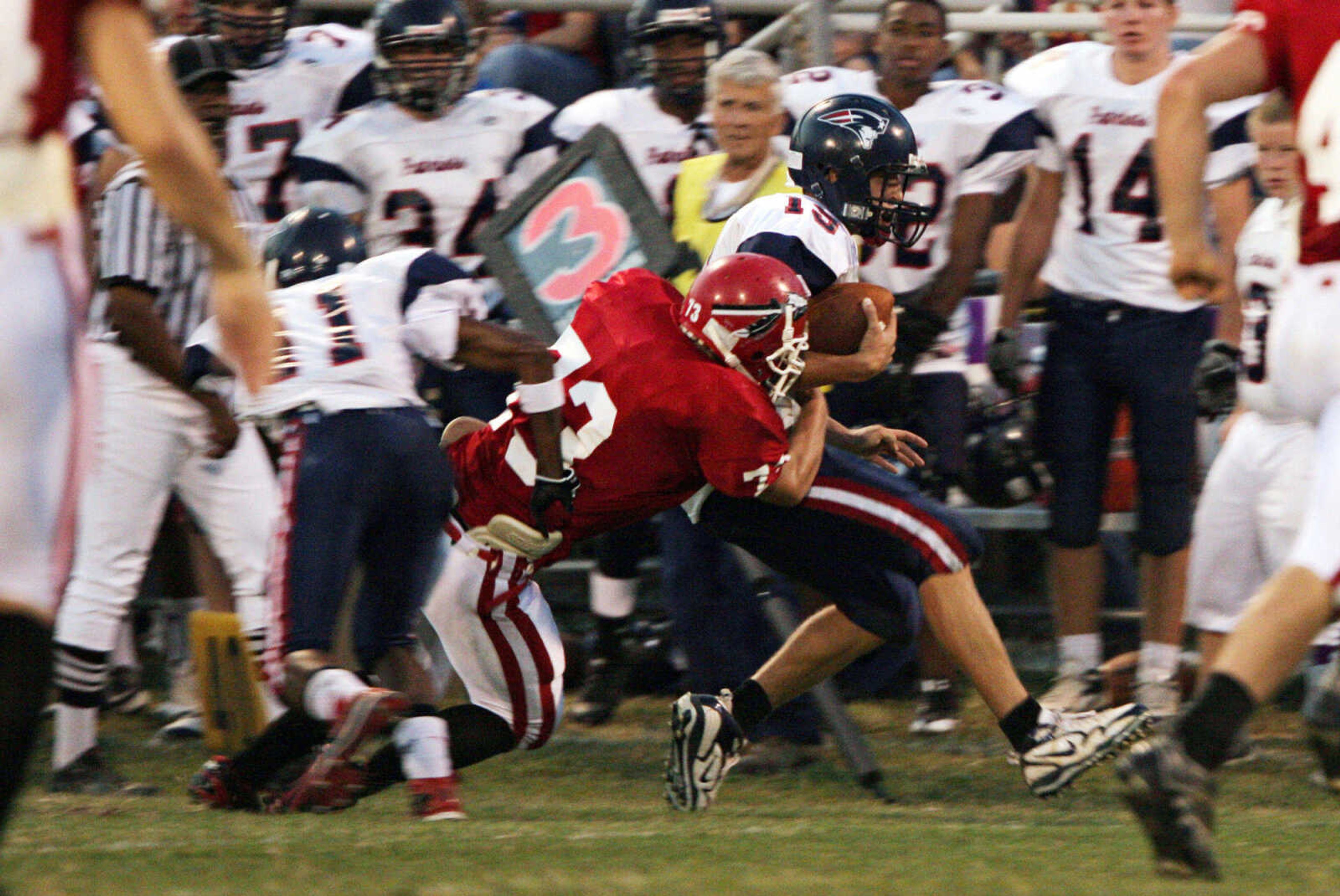 SEAN MAGEE ~ photos@semissourian.com
Jackson's Dalton Cochran tackles Parkway South quarterback Eric Laurent after a fake pass in the first half Friday at Jackson.