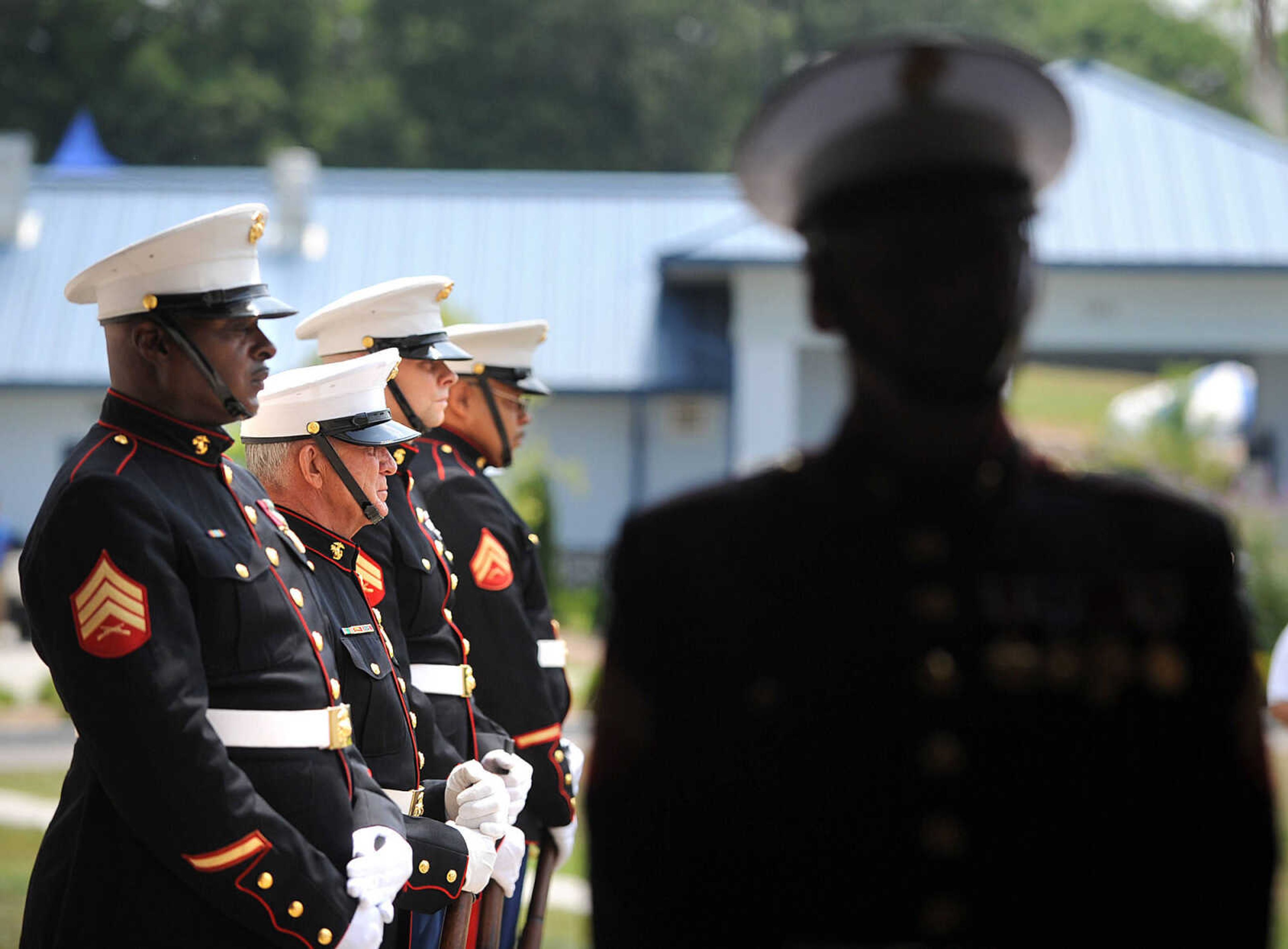 LAURA SIMON ~ lsimon@semissourian.com
Members of the Marine Corps League from left, Sgt. Paul Bedell, Sgt. Mike Reitzel, Corporal Matt Anders, Corporal Leonard Spicer and Corporal Jim Winder prepare for the gun salute Monday, May 28, 2012 during the Joint Veterans Council Memorial Service at the Osage Centre in Cape Girardeau.