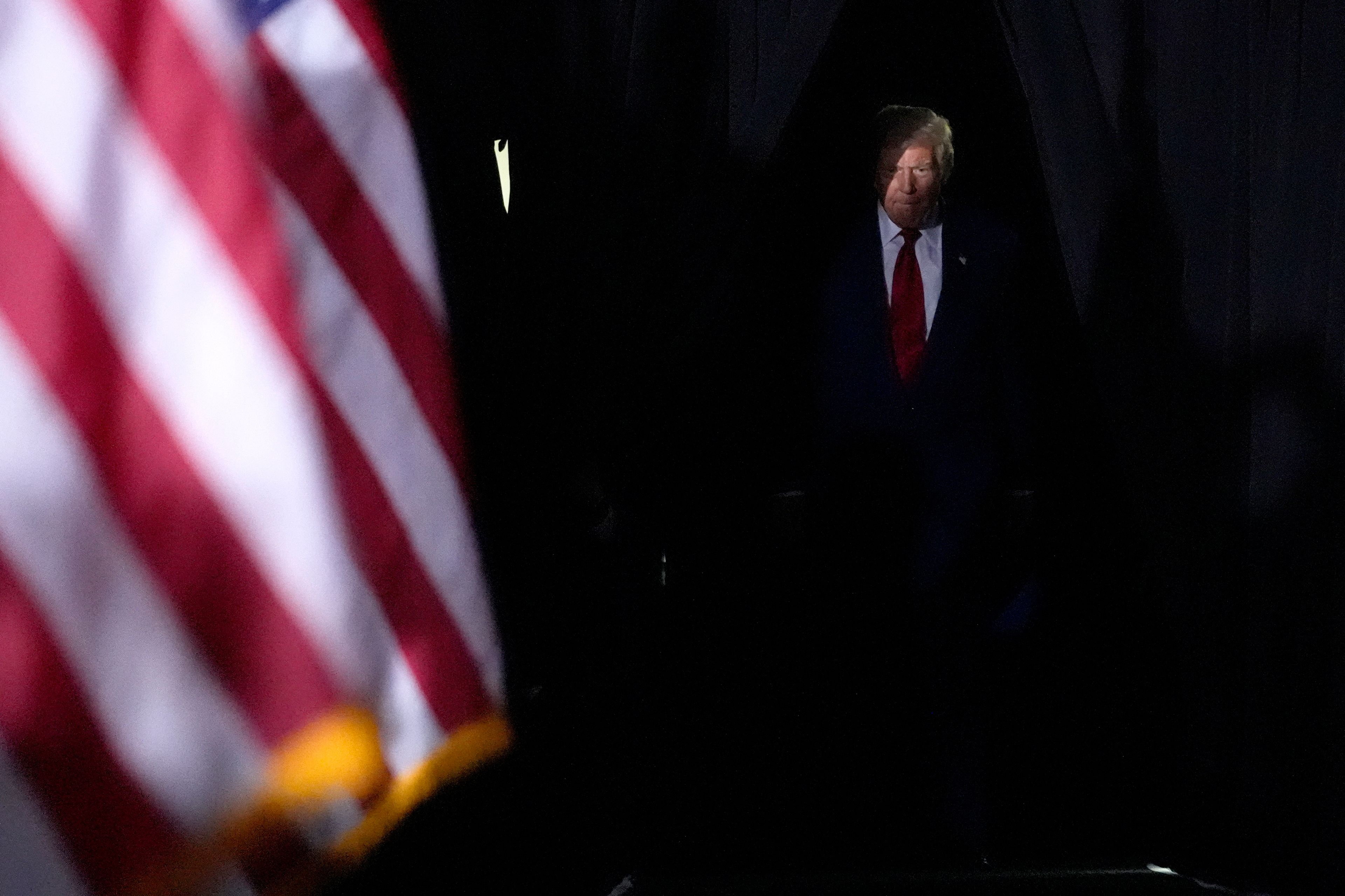 Republican presidential nominee former President Donald Trump arrives to speak during a campaign rally at the Suburban Collection Showplace, Saturday, Oct. 26, 2024, in Novi, Mich. (AP Photo/Alex Brandon)