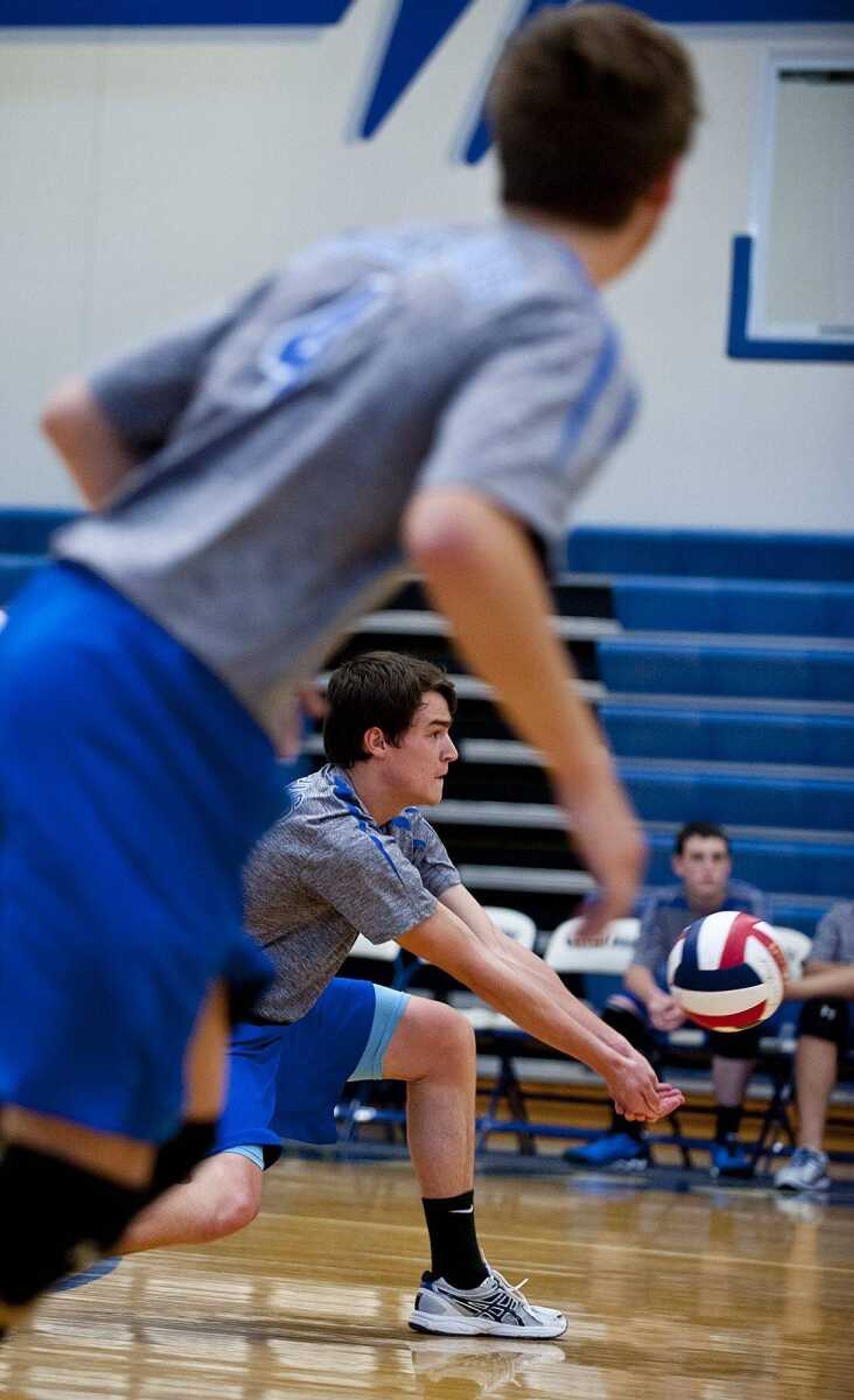 Notre Dame&#196;&#244;s Tyler Allen makes a dig during the first set of the Bulldogs' 25-15, 25-17 loss to the Lafayette Lancers Friday, April 25, at Notre Dame Regional High School. (Adam Vogler)