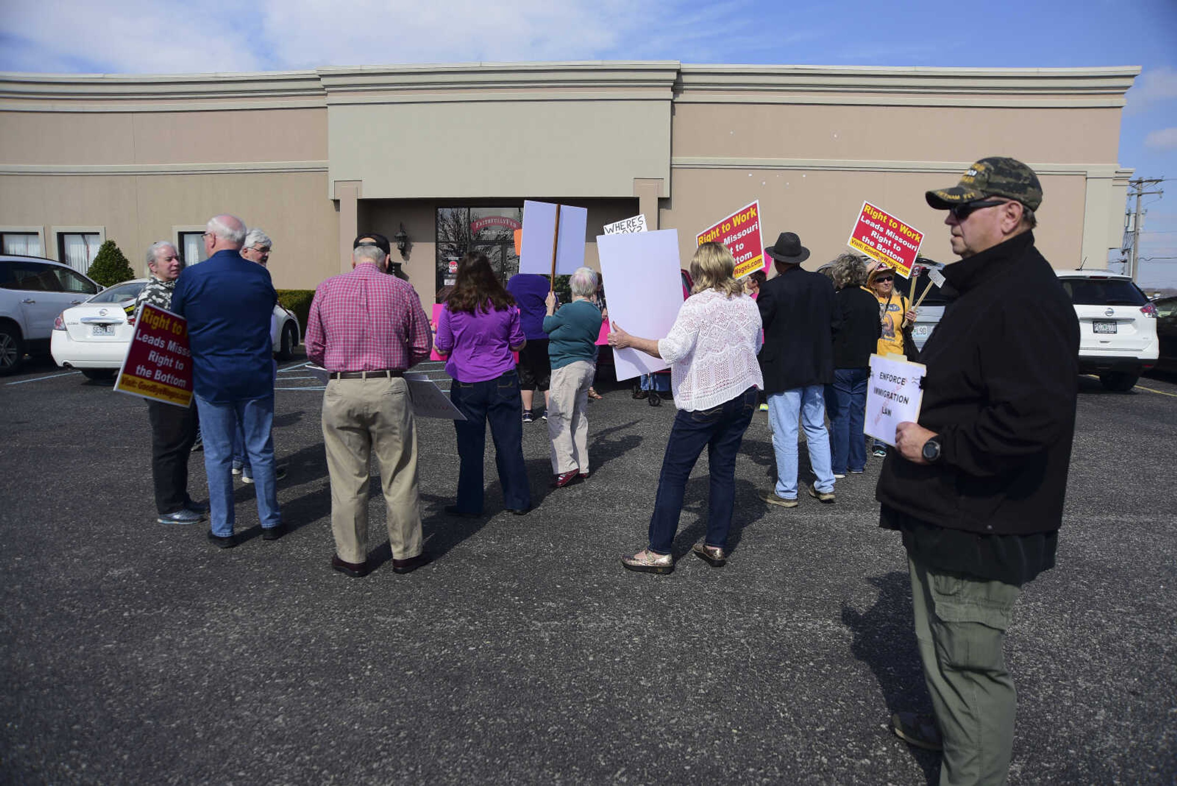 About 50 people with the Liberal Women Unite-Southeast MO Chapter demonstrate in front of U.S. Sen. Roy Blunt's office Wednesday, Feb. 22, 2017 in Cape Girardeau. Protestors held signs and chanted "Where's Roy" to demand a Town Hall Meeting with Senator Roy Blunt. As they spoke with the District Director, Darren Lingle, they brought up concerns they had along with saying they were not paid to be there with some having to even take vacation time to state what they believe in.