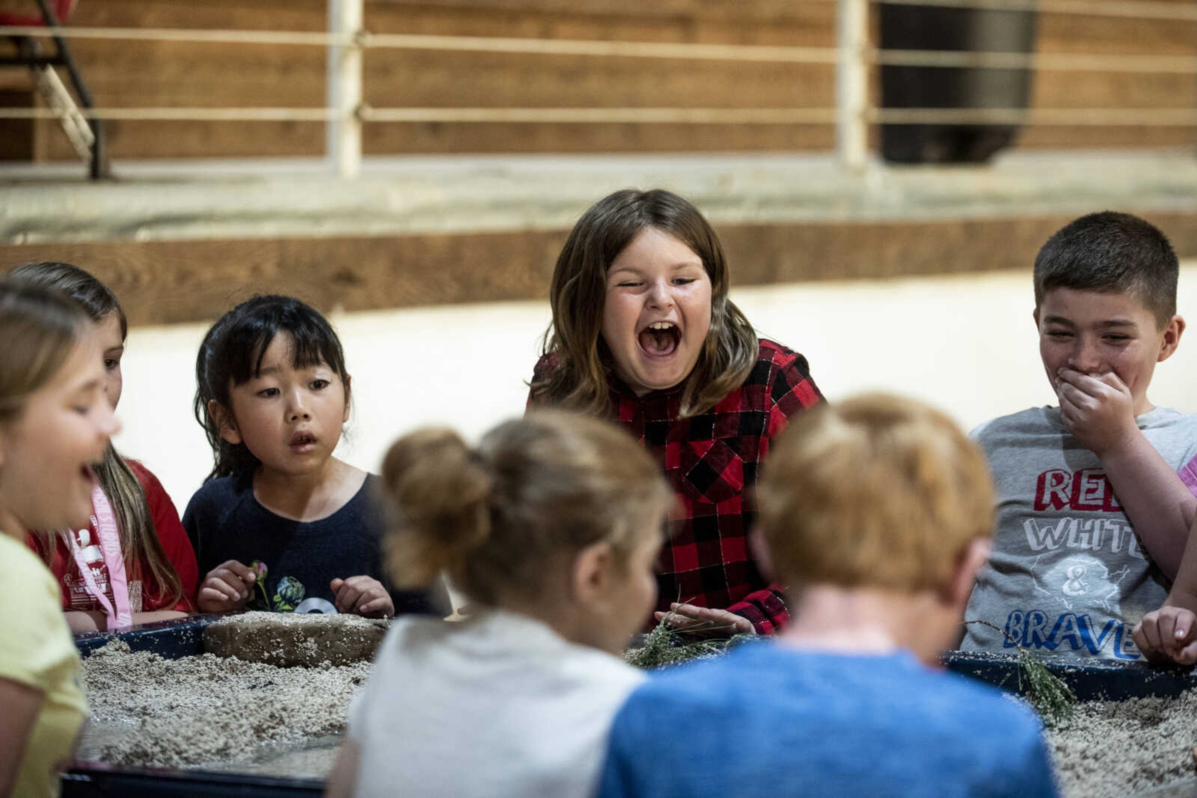 Chevie Richardson, 8, center, reacts with her classmates to a stream table demonstration by Natural Resources Conservation Service (NRCS) during the 24th annual Farm Day sponsored by the Southeast Missouri Cattlemen's Association at Flickerwood Arena Wednesday, April 24, 2019, in Jackson. Over 800 students attended Farm Day and learned about a variety of farm-related topics from forestry to soil conservation, as well as farm animals and honey bees.