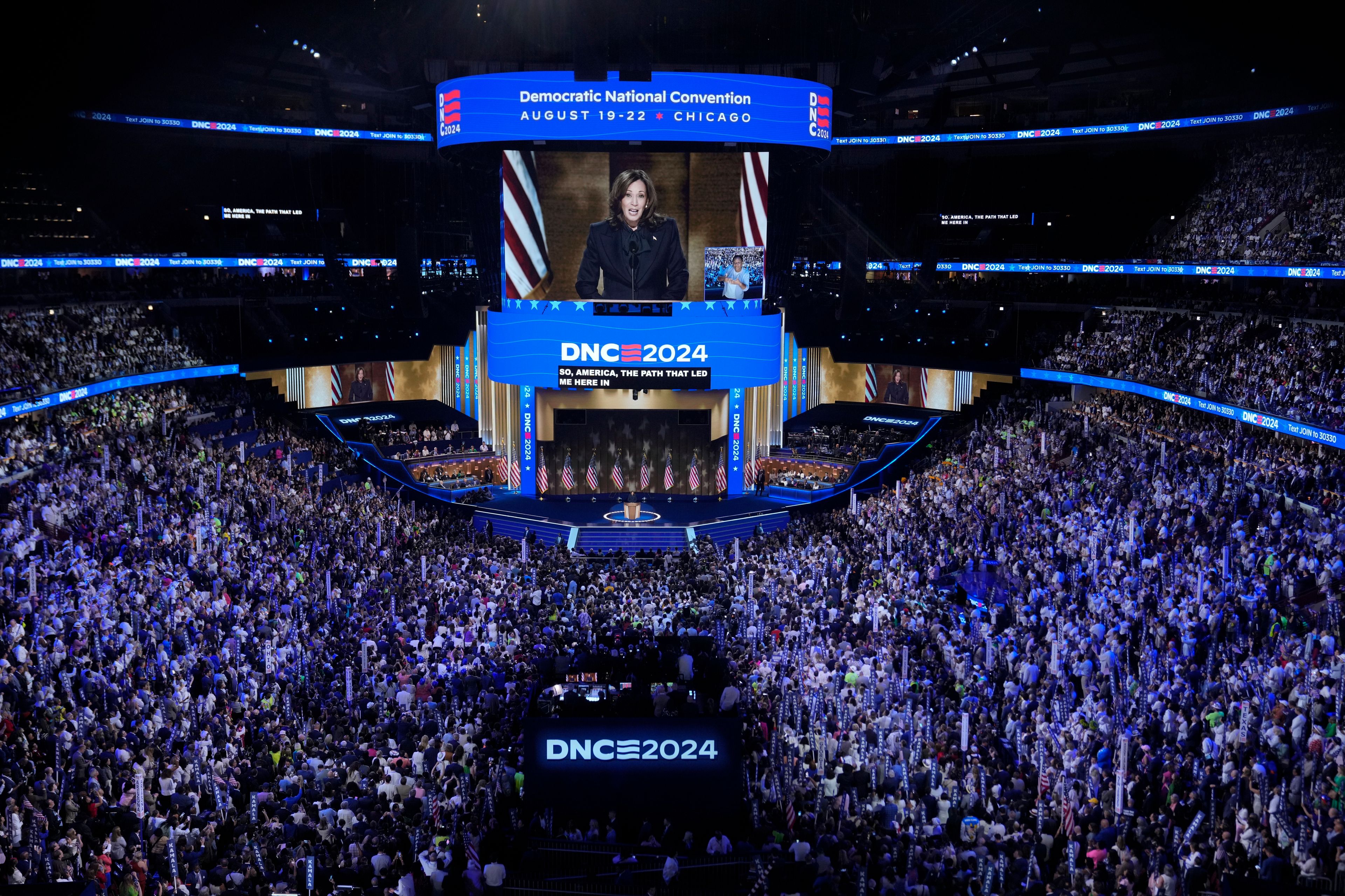 Democratic presidential nominee Vice President Kamala Harris speaks during the Democratic National Convention Thursday, Aug. 22, 2024, in Chicago. (AP Photo/J. Scott Applewhite)