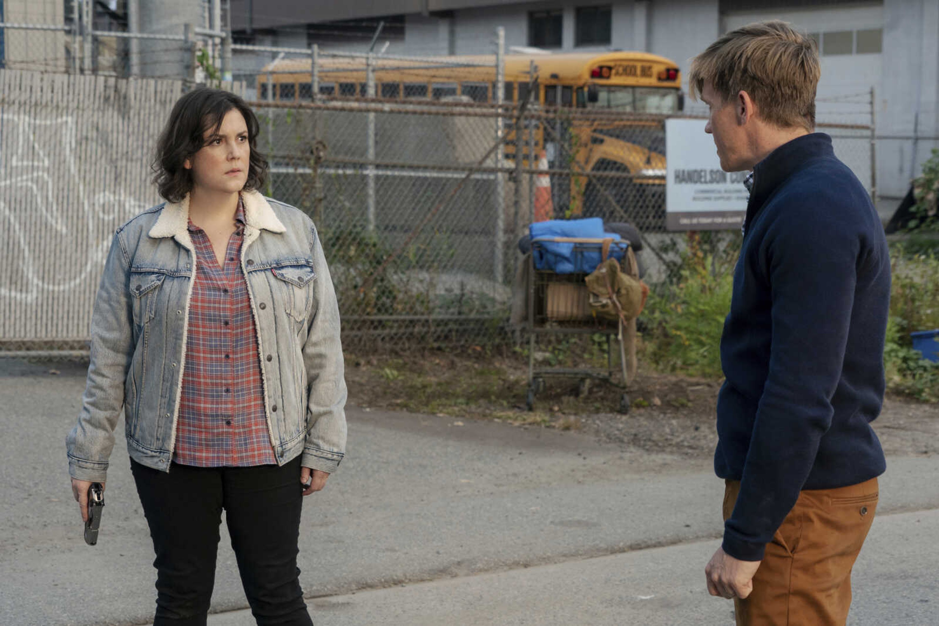 Melanie Lynskey, left, and Warren Kole in a scene from "Yellowjackets".