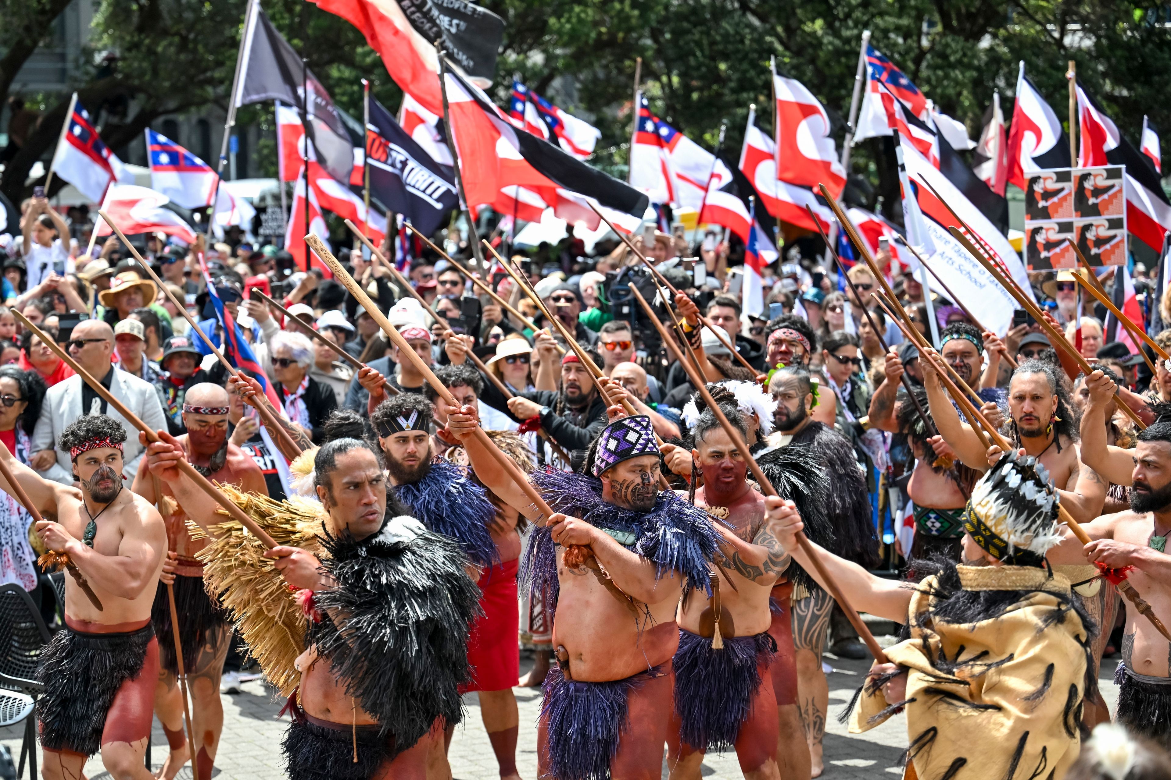 Indigenous Māori people protest outside Parliament against a proposed law that would redefine the country's founding agreement between Indigenous Māori and the British Crown, in Wellington, New Zealand, Tuesday, Nov. 19, 2024. (AP Photo/Mark Tantrum)