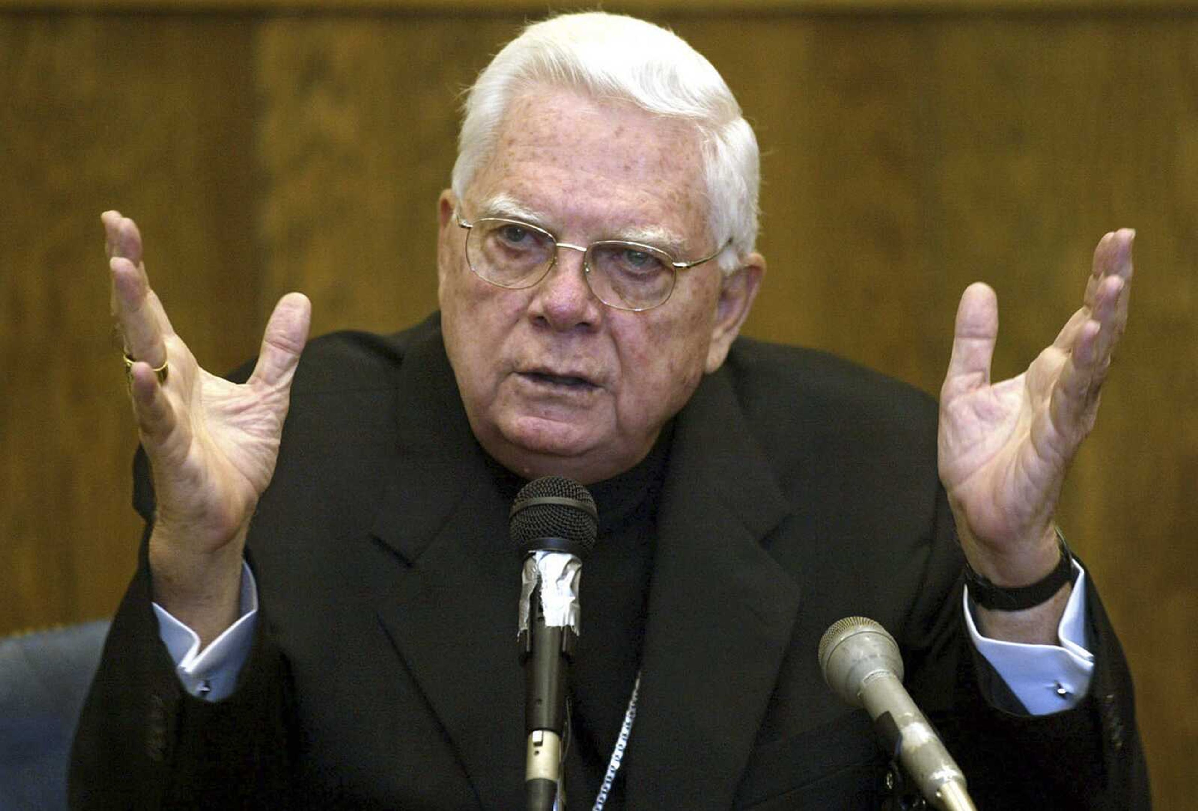 Roman Catholic Church Cardinal Bernard Law testifies August 2002 in Boston's Suffolk Superior Court regarding his knowledge and handling of the child sex abuse case against the Rev. John Geoghan and an alleged $30 million settlement from the Boston Archdiocese to be given to victims. (George Martell ~ Boston Herald via AP)