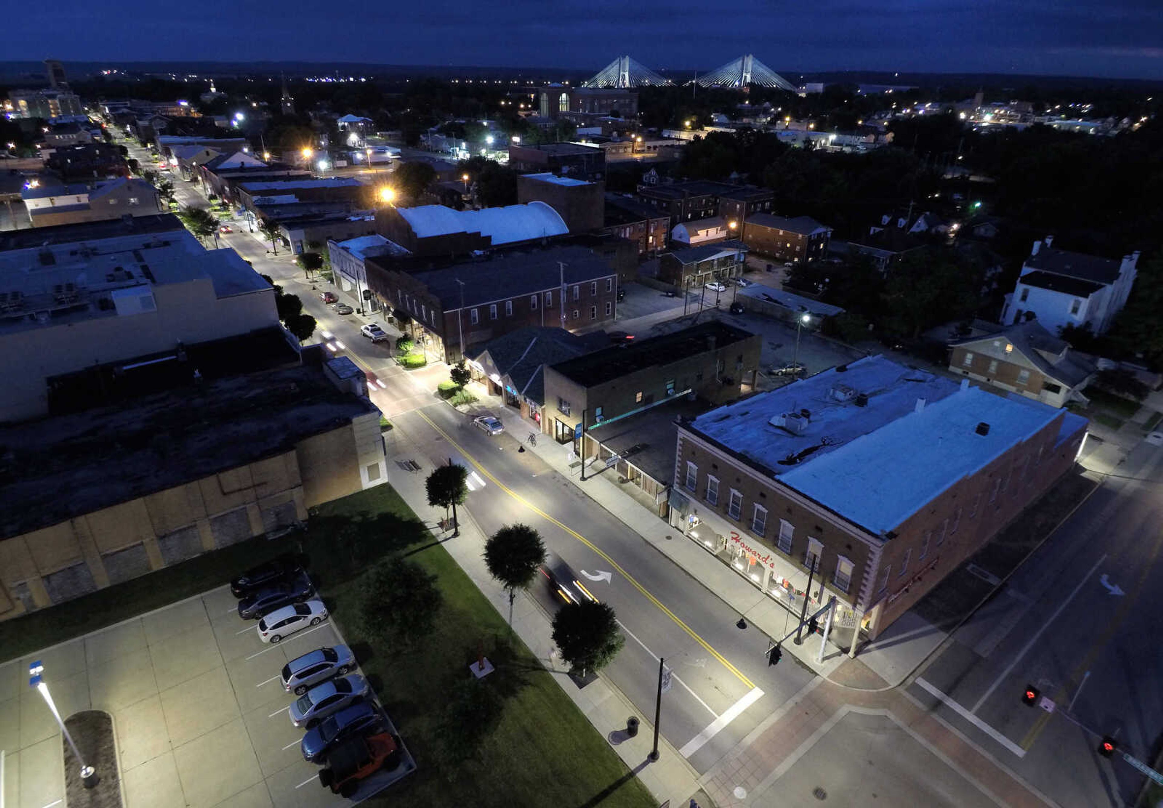 FRED LYNCH ~ flynch@semissourian.com
The Broadway streetscape is illuminated with new LED lights in this drone view Friday, June 22, 2018 in Cape Girardeau.