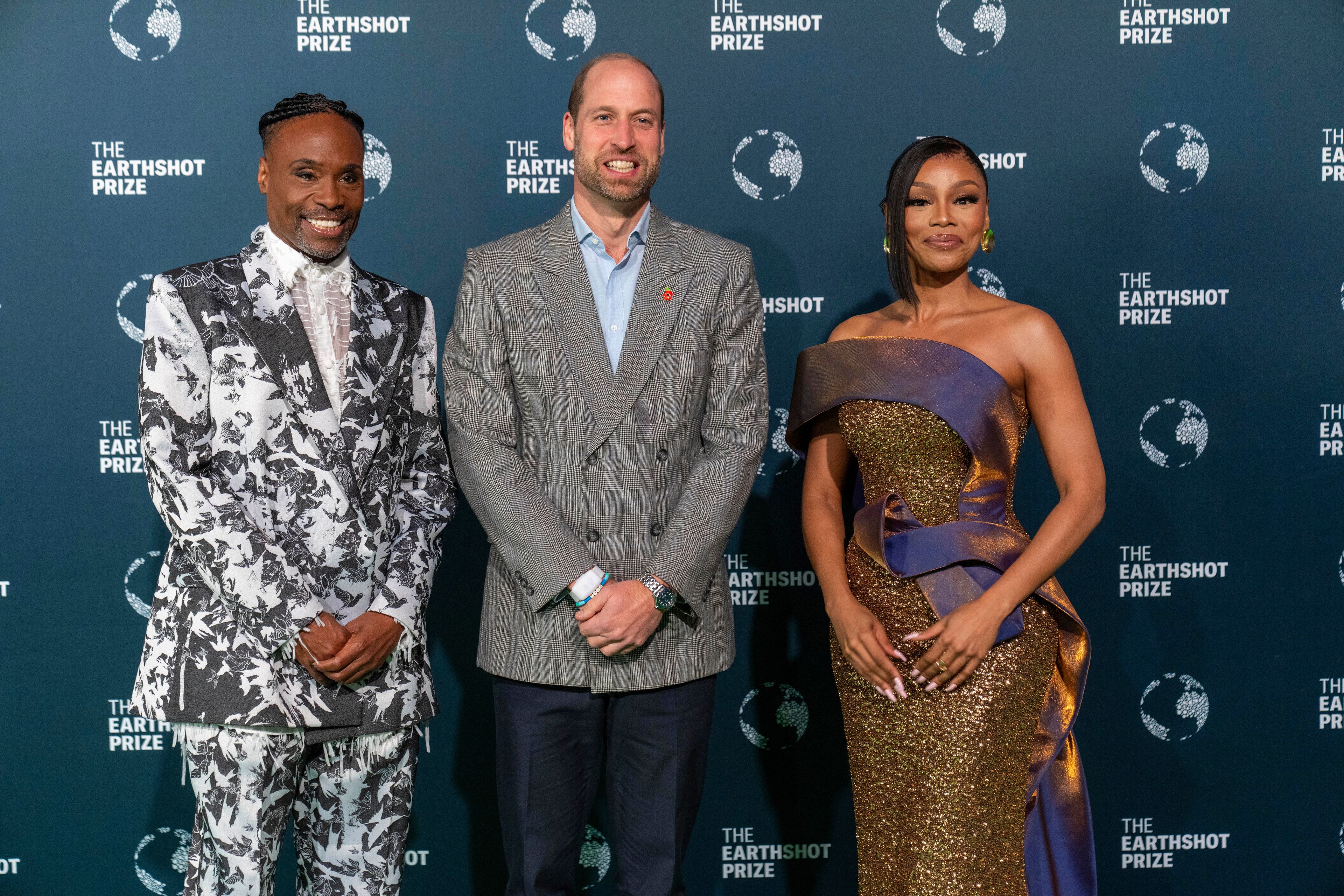 Britain's Prince William poses with Billy Porter and Bonang Matheba before the start of the Earthshot Prize Award ceremony in Cape Town, South Africa, Wednesday, Nov. 6, 2024. (AP Photo/Jerome Delay)