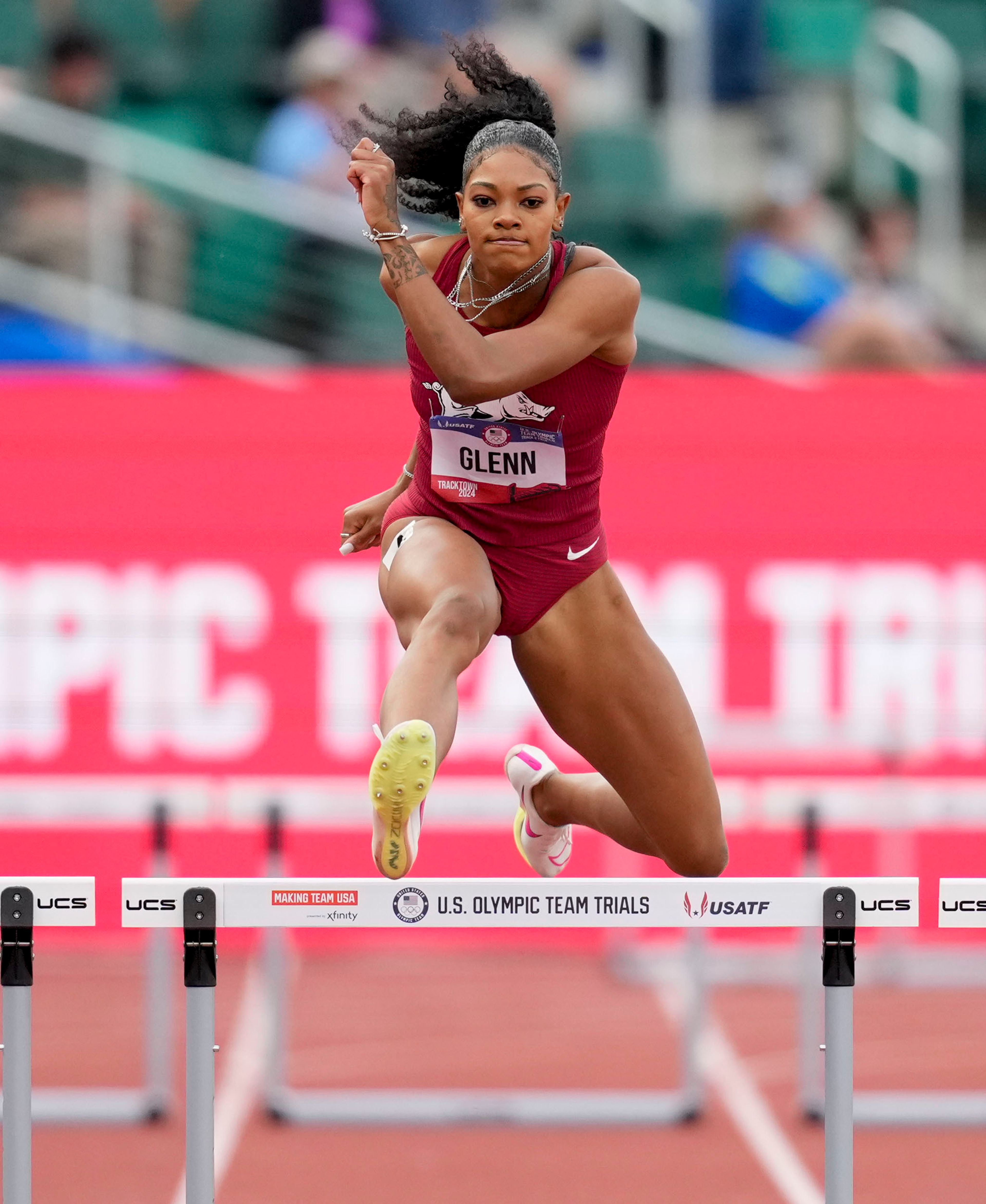 FILE - Rachel Glenn wins a heat in the women's 400-meter hurdles during the U.S. Track and Field Olympic Team Trials on June 27, 2024, in Eugene, Ore. (AP Photo/Charlie Neibergall, File)