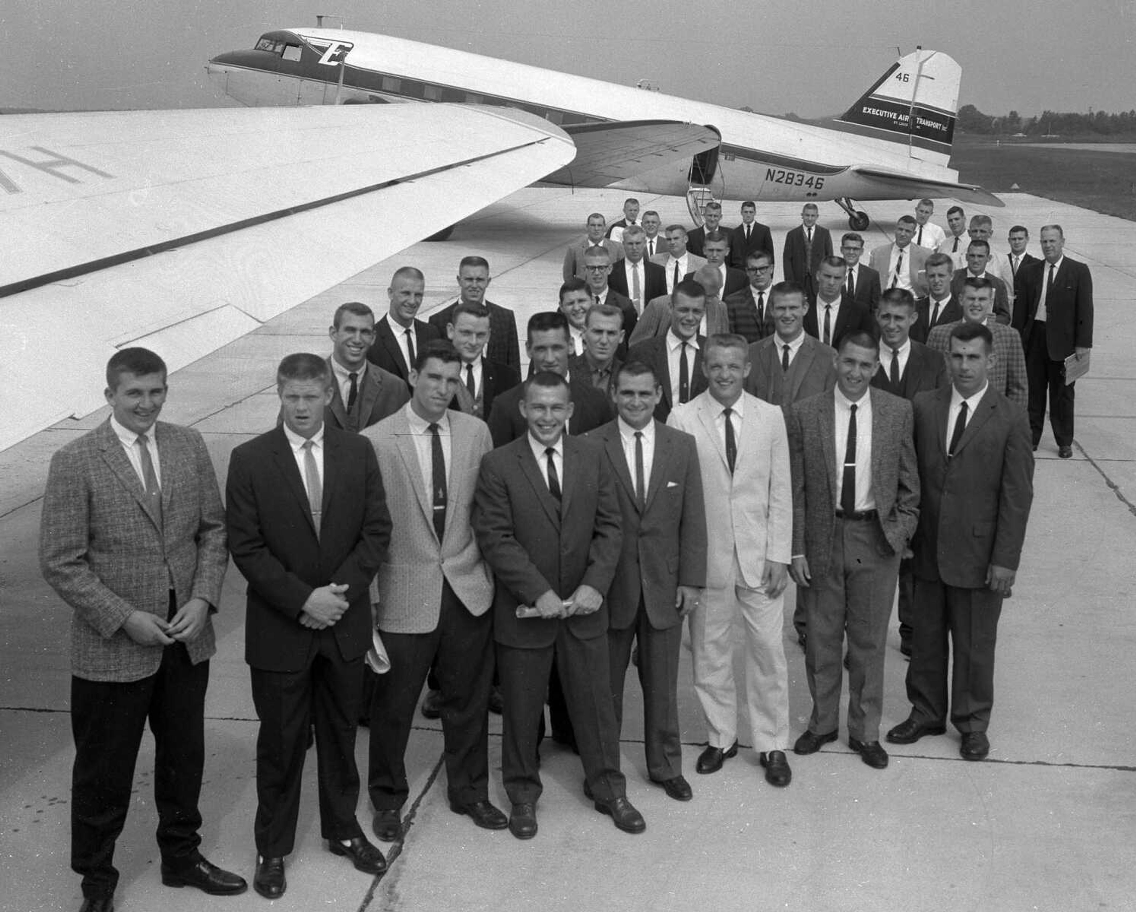 Sept. 23, 1960 Southeast Missourian.
Off for the big game, these members of the State College Indians football squad are shown as they boarded two chartered airliners just before noon today for the flight to Des Moines, Iowa, where they will meet the Drake University Bulldogs tonight in the first grid tilt between the two schools. The squad is scheduled to return to Municipal Airport between 2 and 3 a.m. Sunday. (G.D. Fronabarger/Southeast Missourian archive)