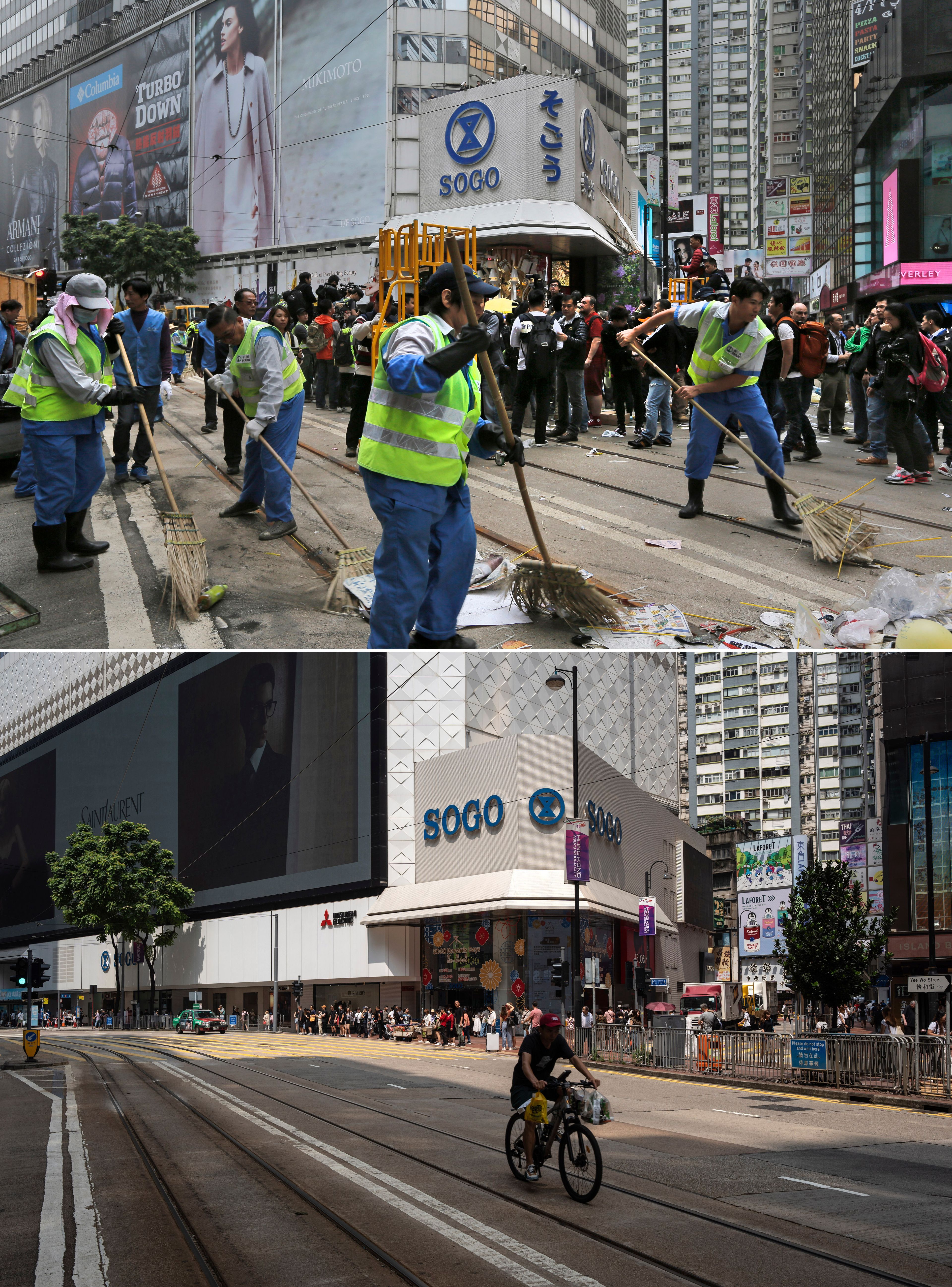 This combination image made from two photos shows workers sweeping after police cleared barricades and tents on a main road in the occupied areas at Causeway Bay district in Hong Kong Monday, Dec 15, 2014, top, and the same area on Saturday, Sept. 28, 2024. (AP Photo/Vincent Yu, Chan Long Hei)