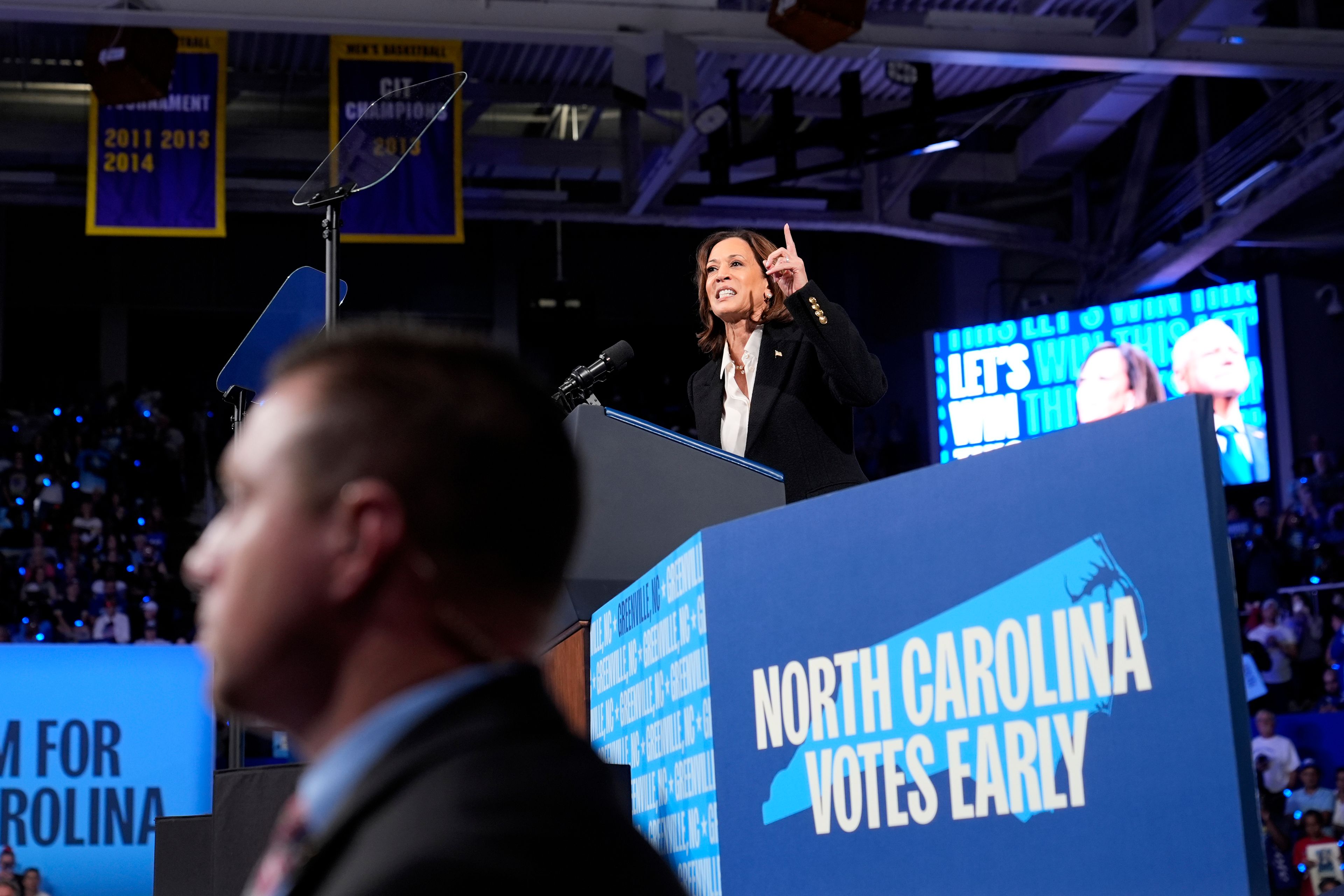 Democratic presidential nominee Vice President Kamala Harris speaks at a campaign rally at East Carolina University in Greenville, N.C., Sunday, Oct. 13, 2024. (AP Photo/Susan Walsh)