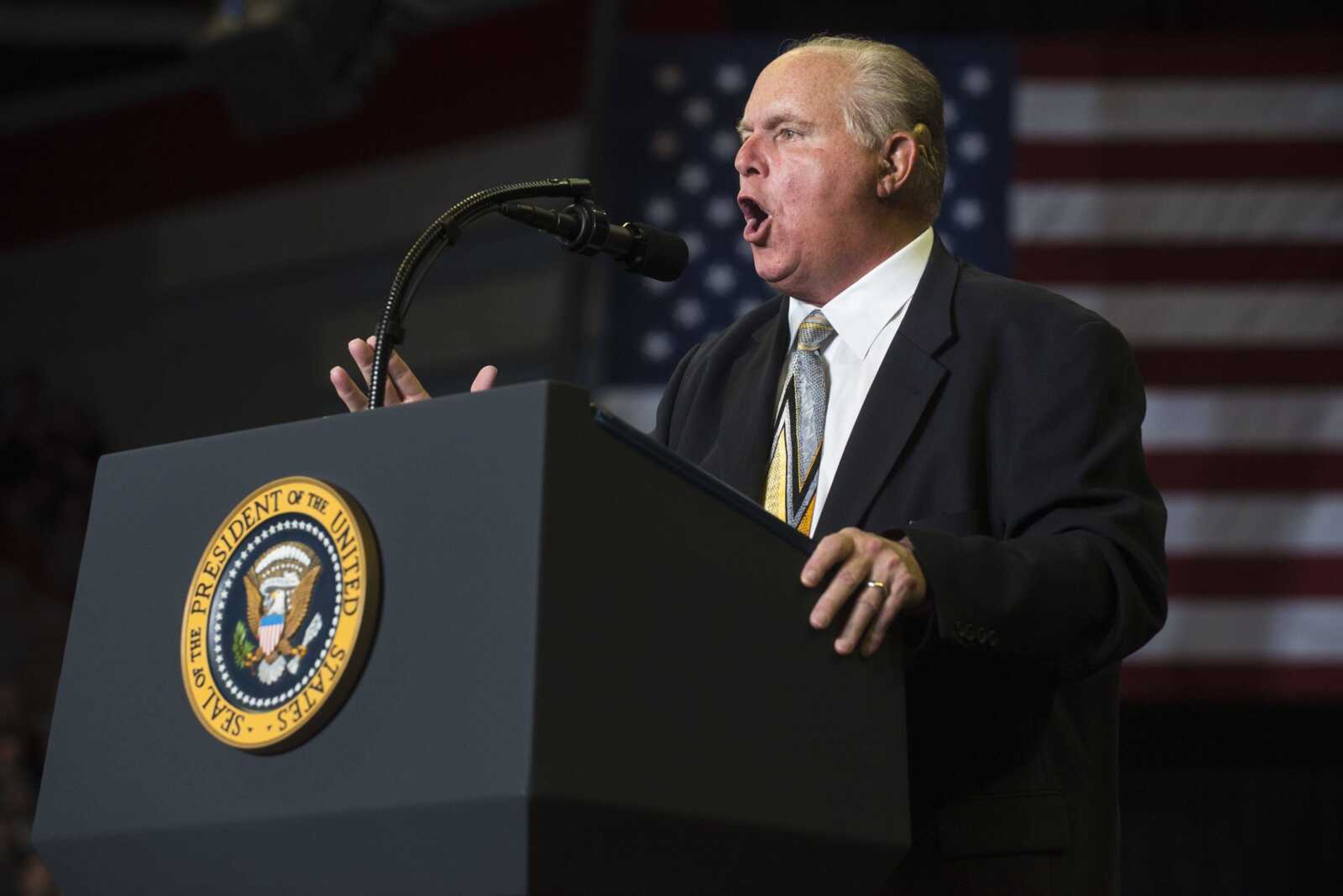 Radio personality and Cape Girardeau native Rush Limbaugh introduces President Donald Trump during a Make America Great Again rally Monday, Nov. 5, 2018, at the Show Me Center.