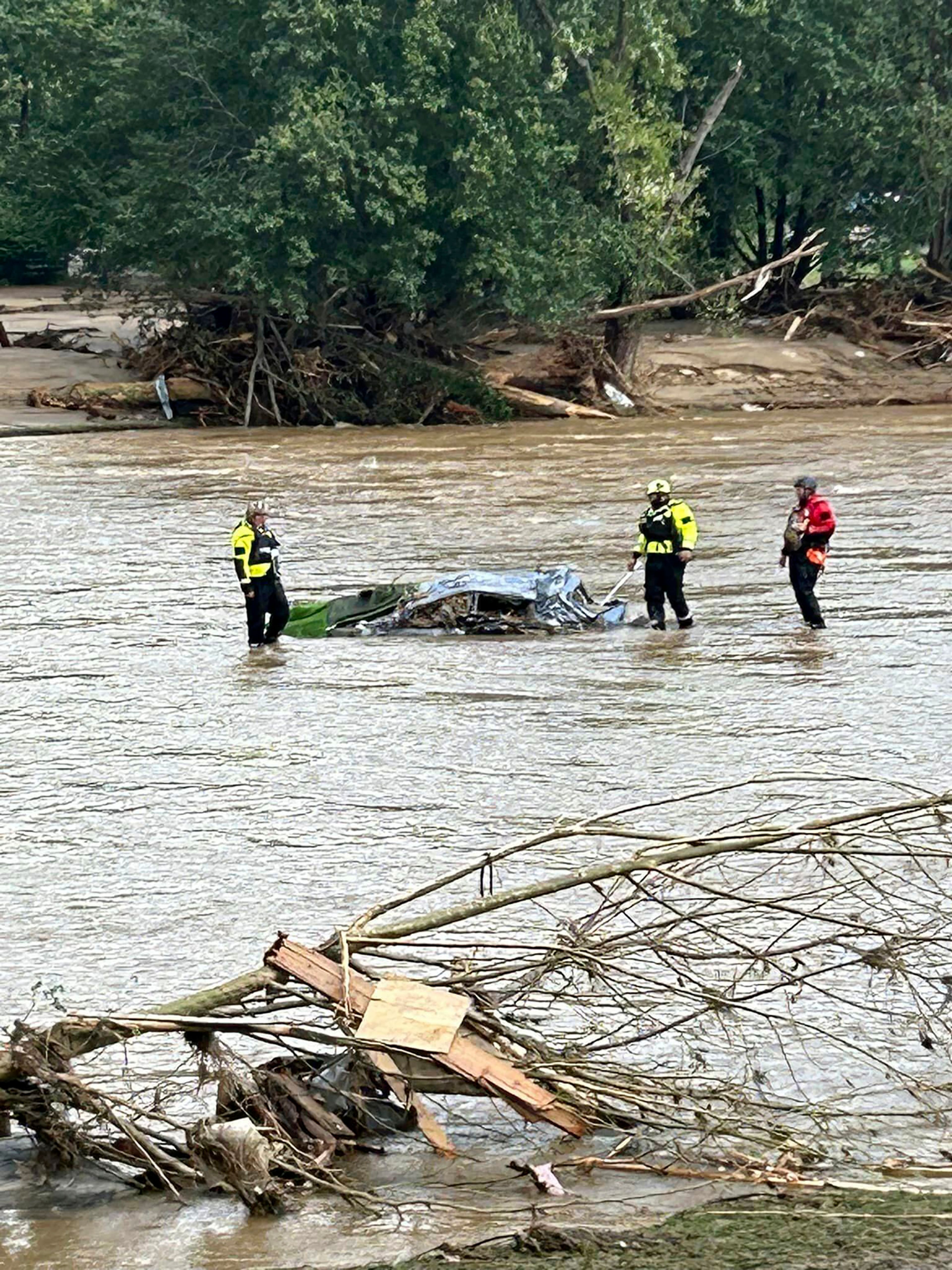 Rescue workers from the Pamlico County rescue team are shown working in the aftermath of Helene the area of Chimney Rock, N.C., Saturday, Sept. 28, 2024. (Pamlico County Special Operations via AP)