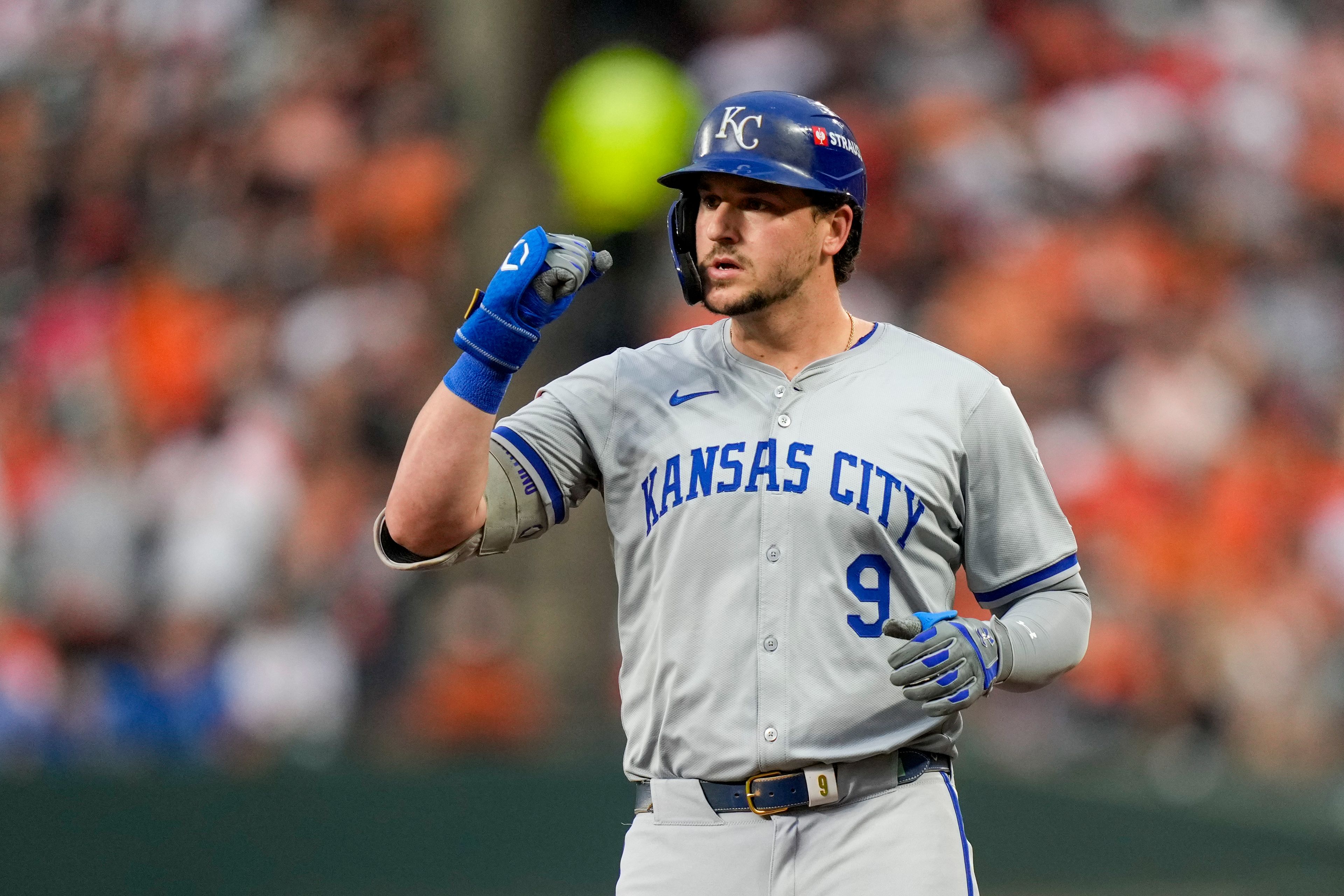 Kansas City Royals' Vinnie Pasquantino reacts after hitting a single against the Baltimore Orioles during the fifth inning in Game 2 of an AL Wild Card Series baseball game, Wednesday, Oct. 2, 2024 in Baltimore. (AP Photo/Stephanie Scarbrough)