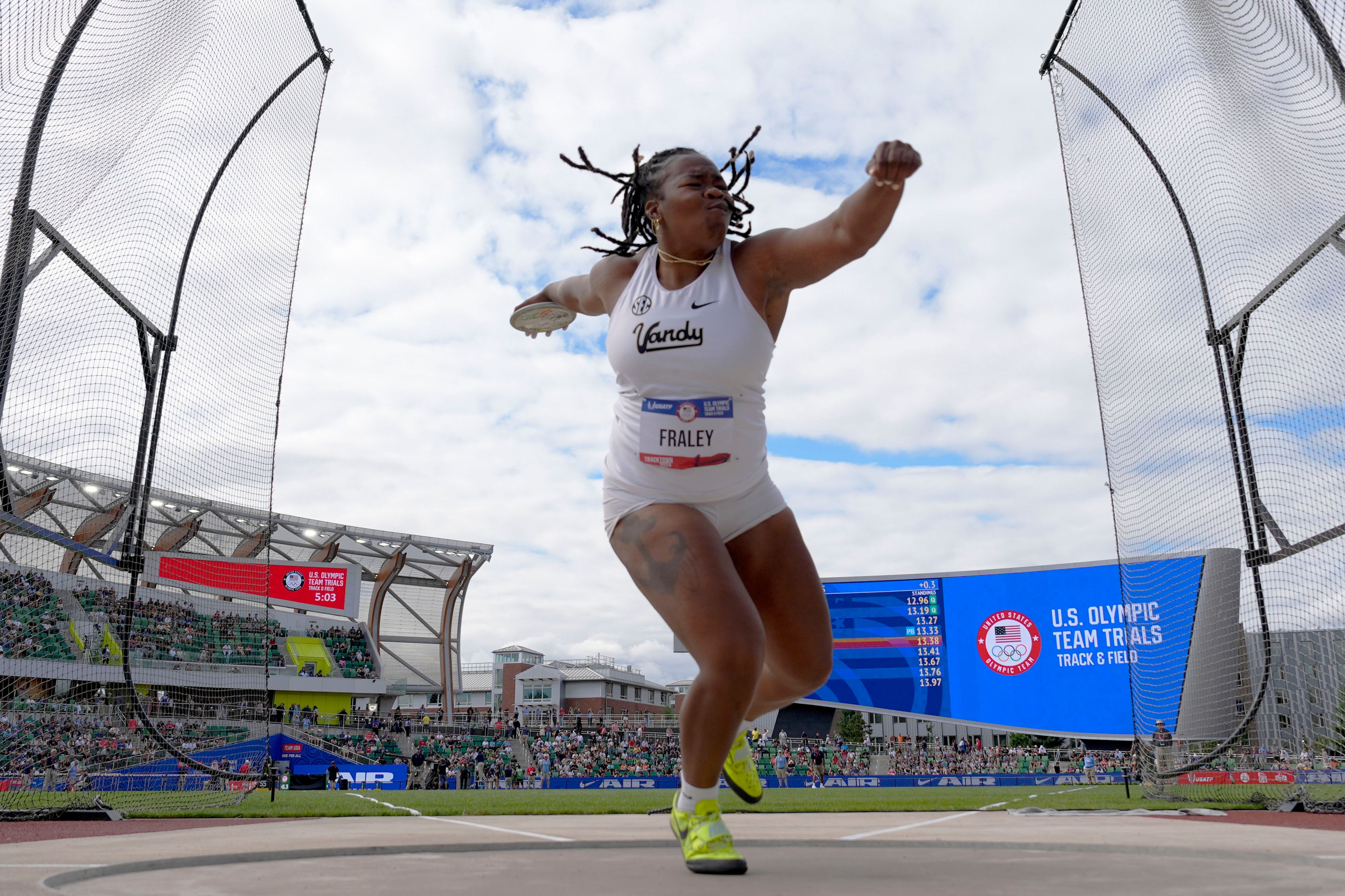 FILE - Veronica Fraley competes in the women's discus throw final during the U.S. Track and Field Olympic Team Trials on June 27, 2024, in Eugene, Ore. (AP Photo/George Walker IV, File)