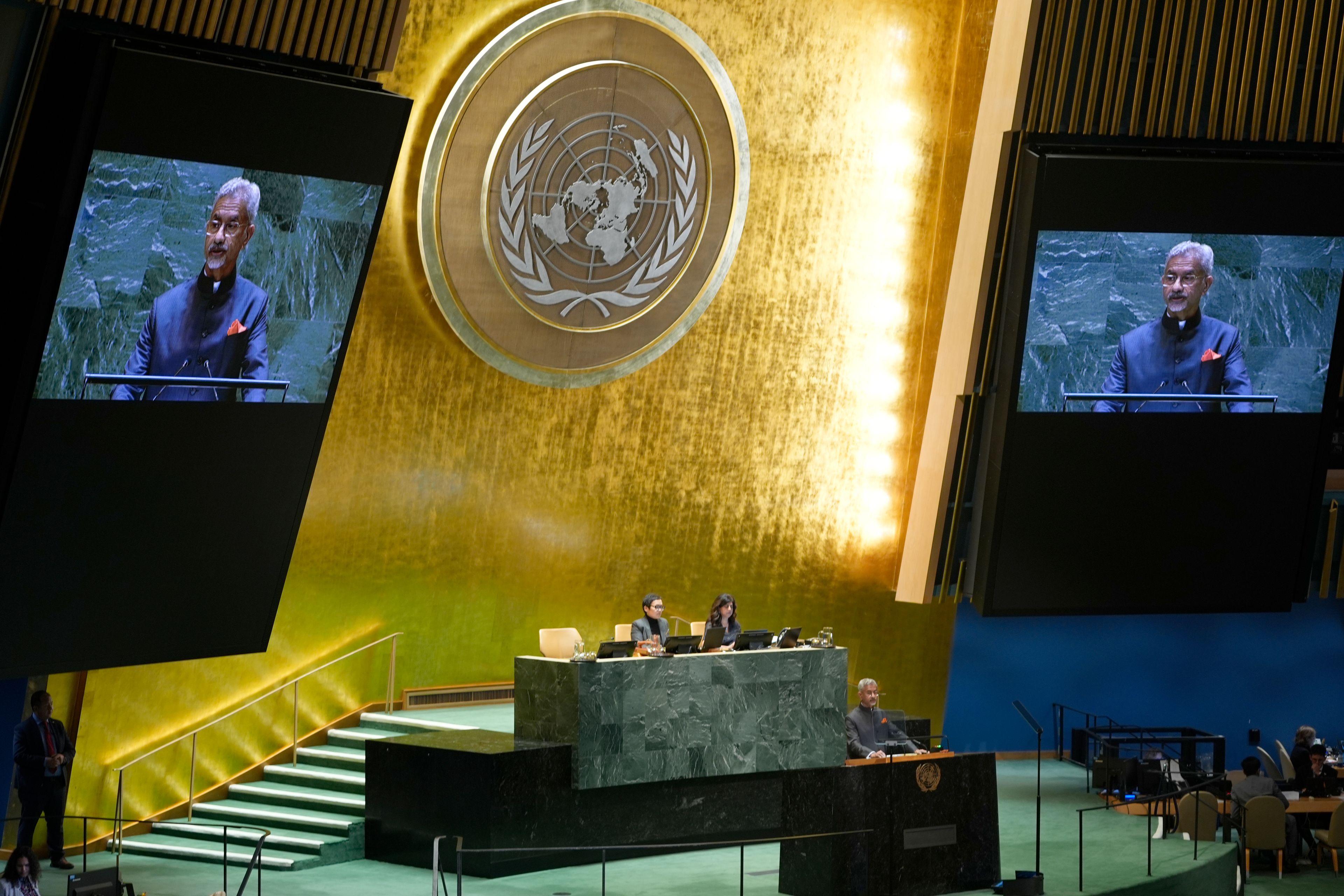 India's Minister for External Affairs Subrahmanyam Jaishankar addresses the 79th session of the United Nations General Assembly, Saturday, Sept. 28, 2024. (AP Photo/Pamela Smith)