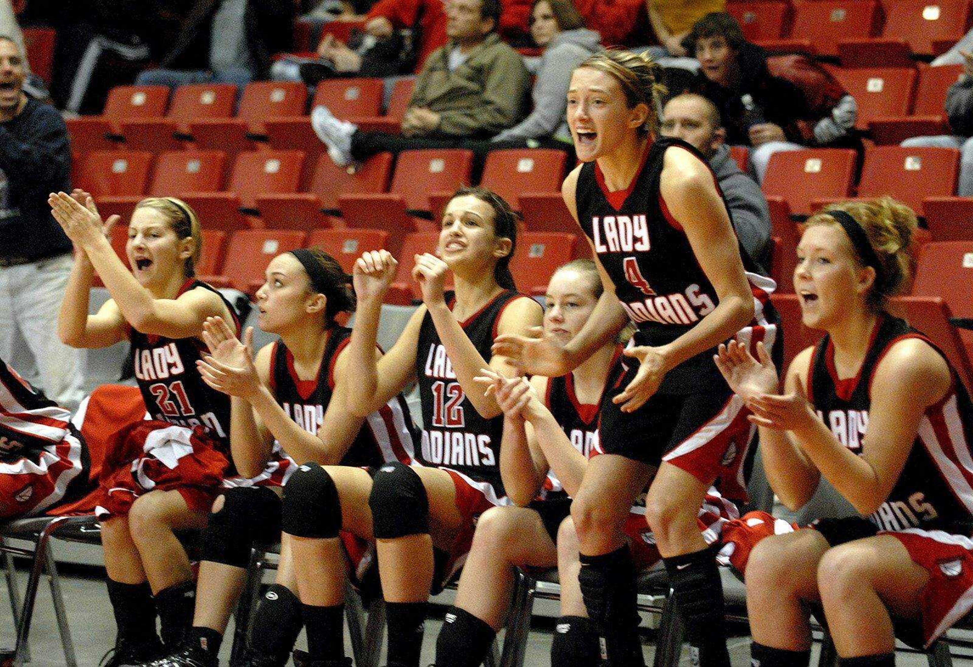 ELIZABETH DODD ~ edodd@semissourian.com
The Jackson bench celebrated when Kaylen Knepp scored a layup placing Jackson ahead of Sparta by one point with two seconds left in the game in the Holiday Classic Tuesday at the Show Me Center.