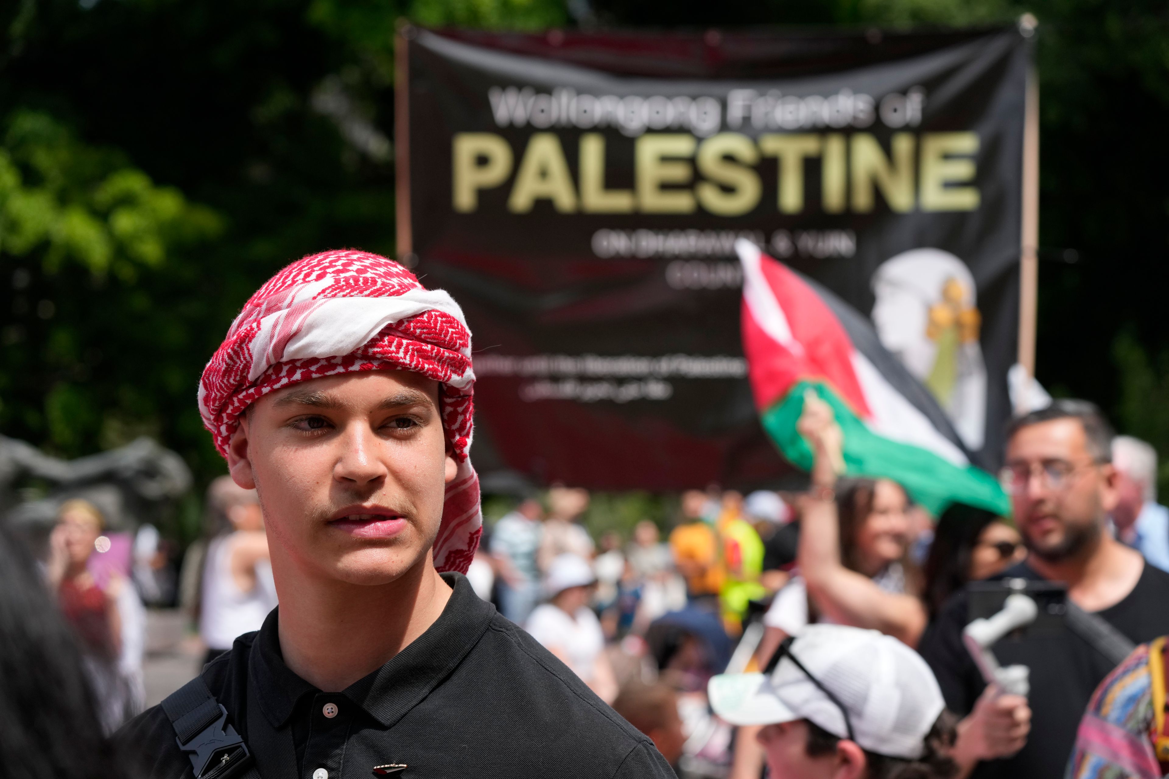 Pro-Palestinian supporters rally in Sydney, Sunday, Oct. 6, 2024. (AP Photo/Rick Rycroft)