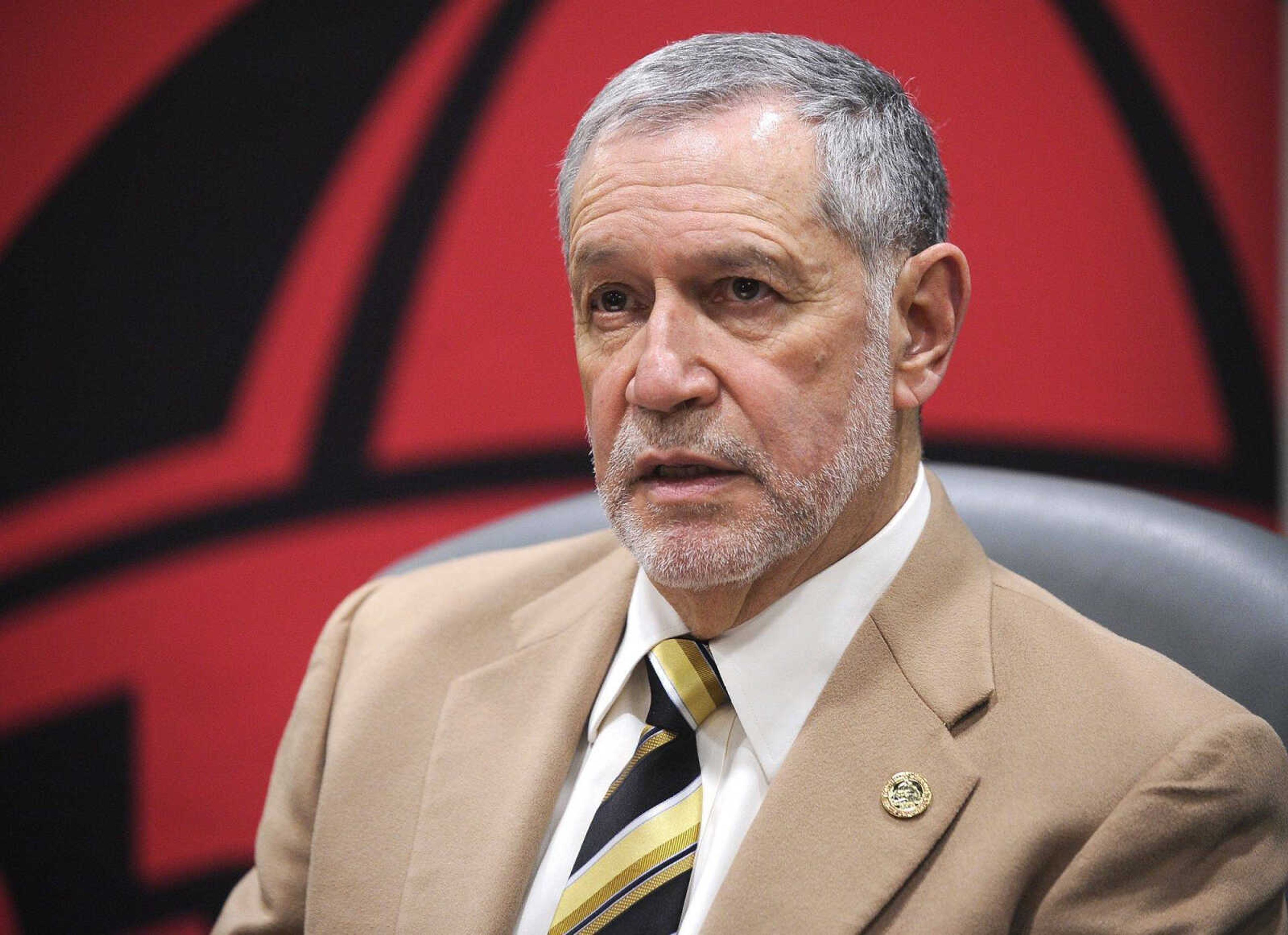 Southeast Missouri State University president Carlos Vargas-Aburto discusses staff reductions during a news conference Jan. 9 at Academic Hall in Cape Girardeau.