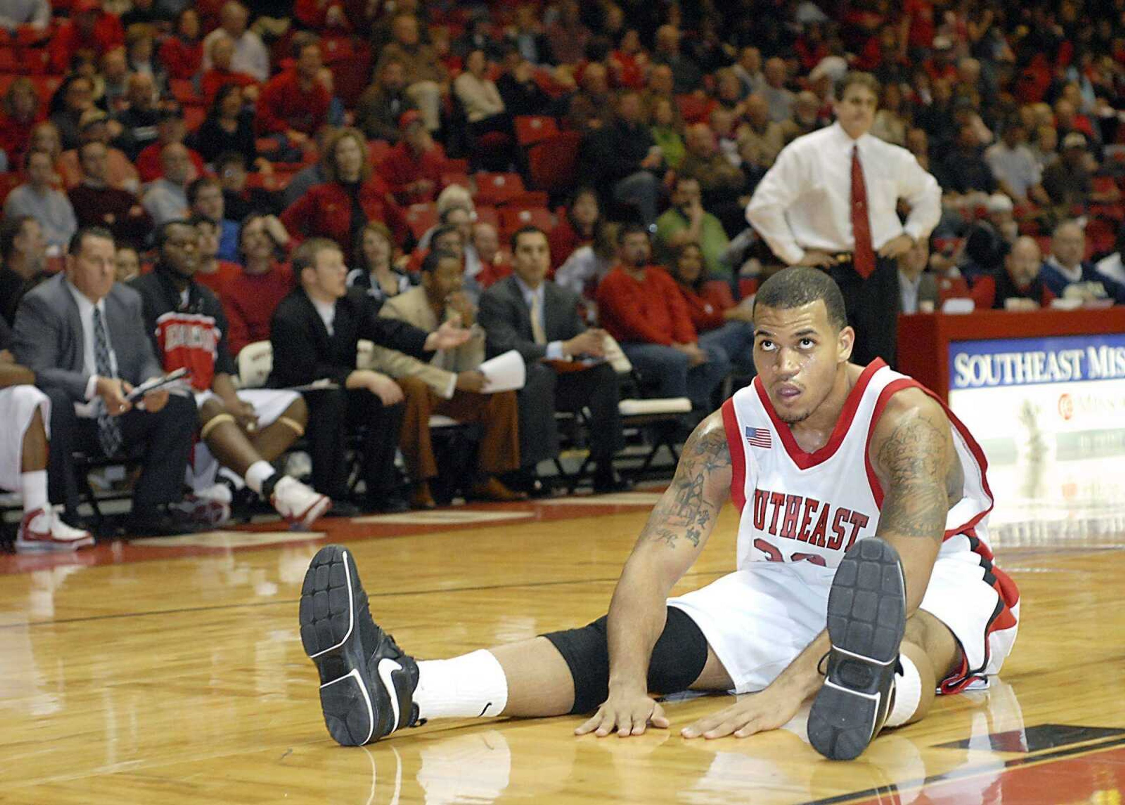 Southeast Missouri State forward Mike Rembert looked at the scoreboard after being called for an intentional foul during Thursday's game against Morehead State at the Show Me Center. (Kit Doyle)