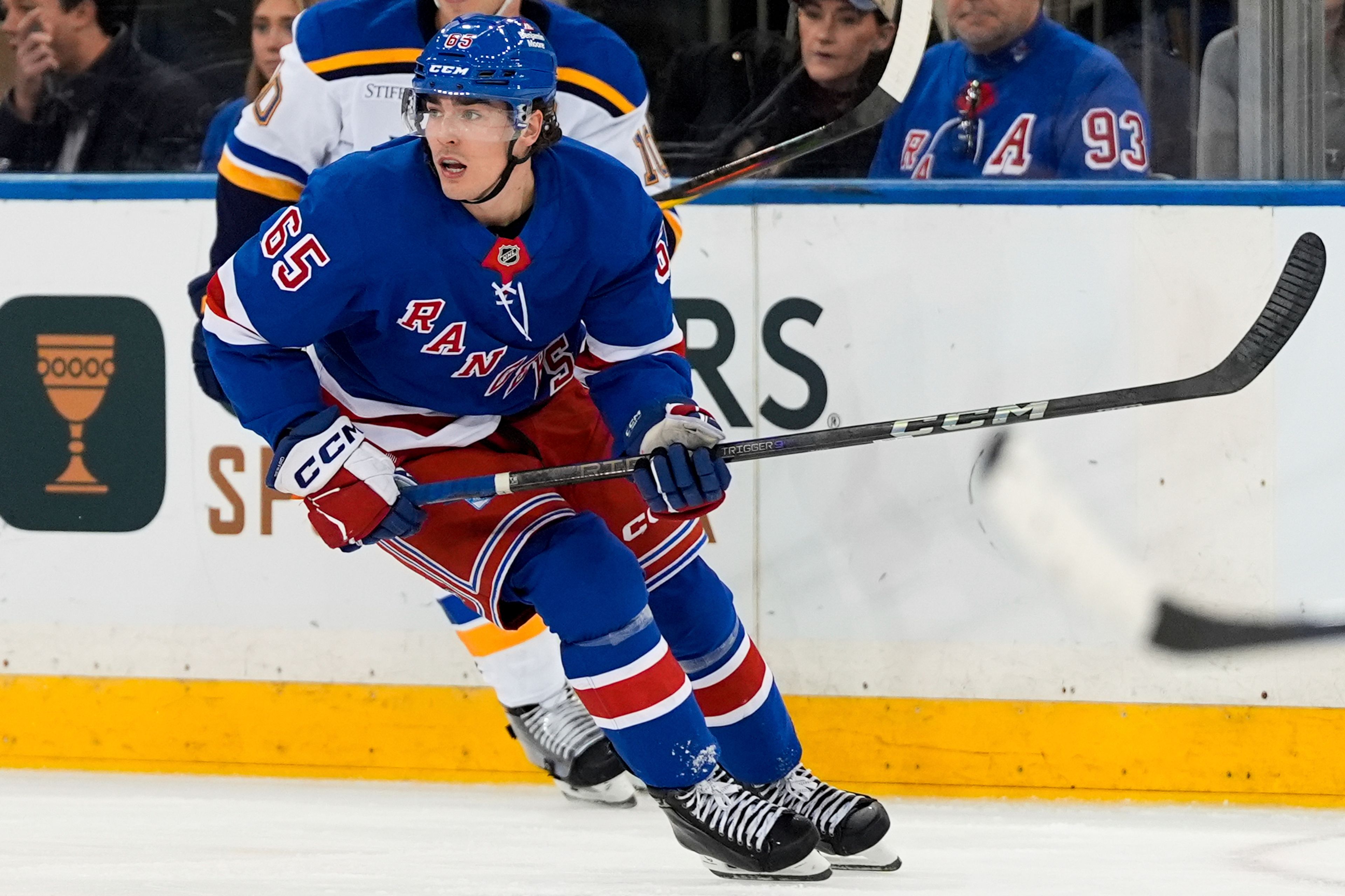 New York Rangers left wing Brett Berard (65) skates during the second period of an NHL hockey game against the St. Louis Blues, Monday, Nov. 25, 2024, in New York. (AP Photo/Julia Demaree Nikhinson)