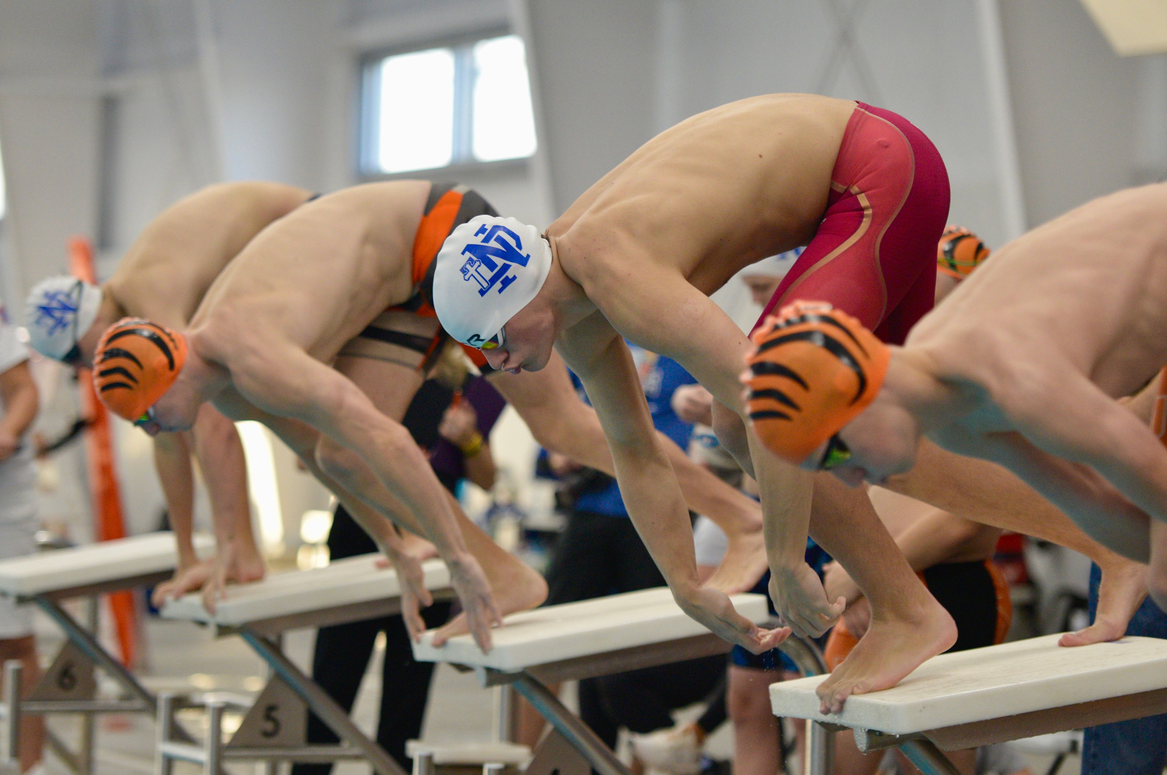 Notre Dame’s Hudson Dennis starts a race against Cape Central on Tuesday, Oct. 29, at the Cape Aquatic Center.