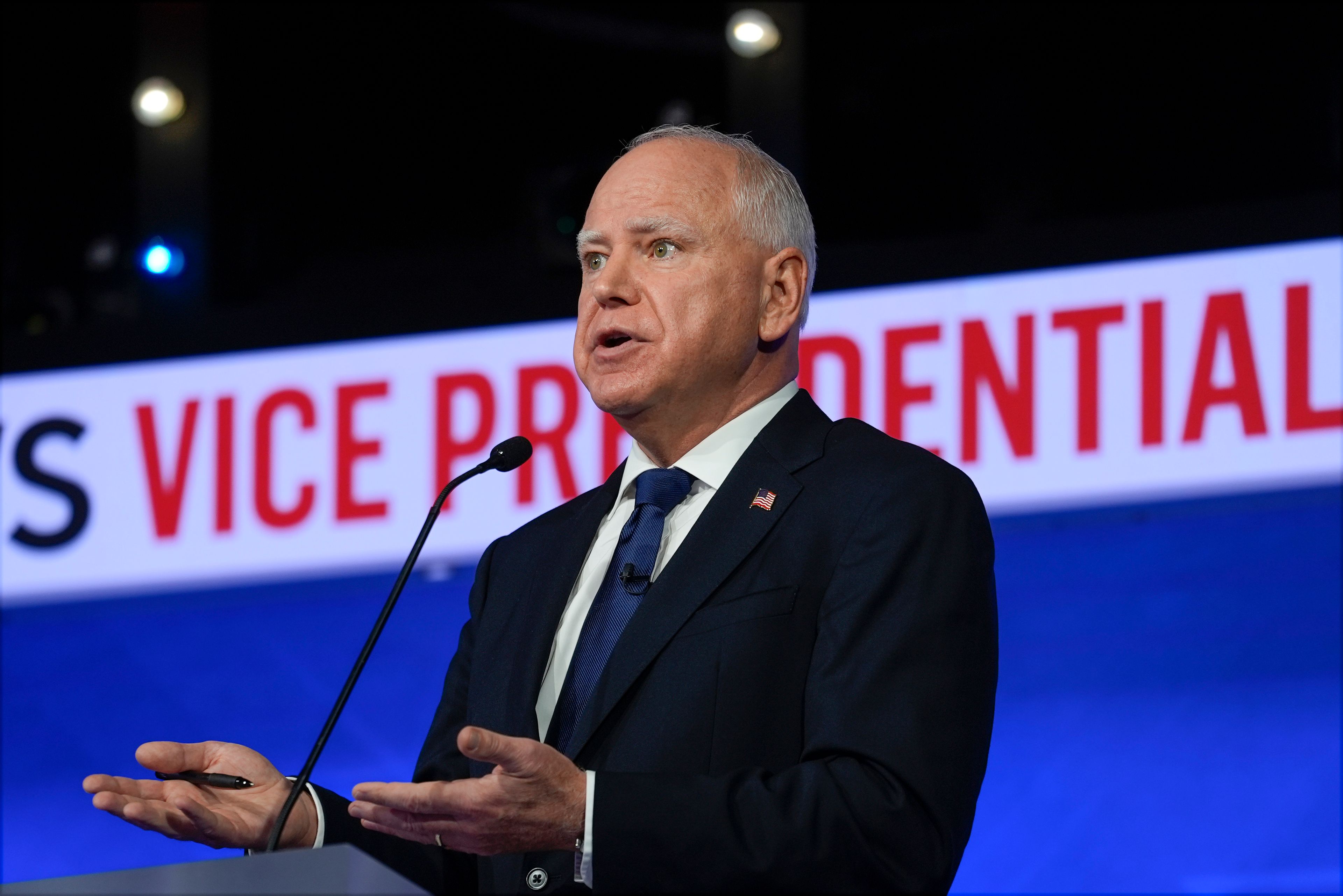 Democratic vice presidential nominee Minnesota Gov. Tim Walz speaks during a vice presidential debate hosted by CBS News, with Republican vice presidential nominee Sen. JD Vance, R-Ohio, Tuesday, Oct. 1, 2024, in New York. (AP Photo/Matt Rourke)