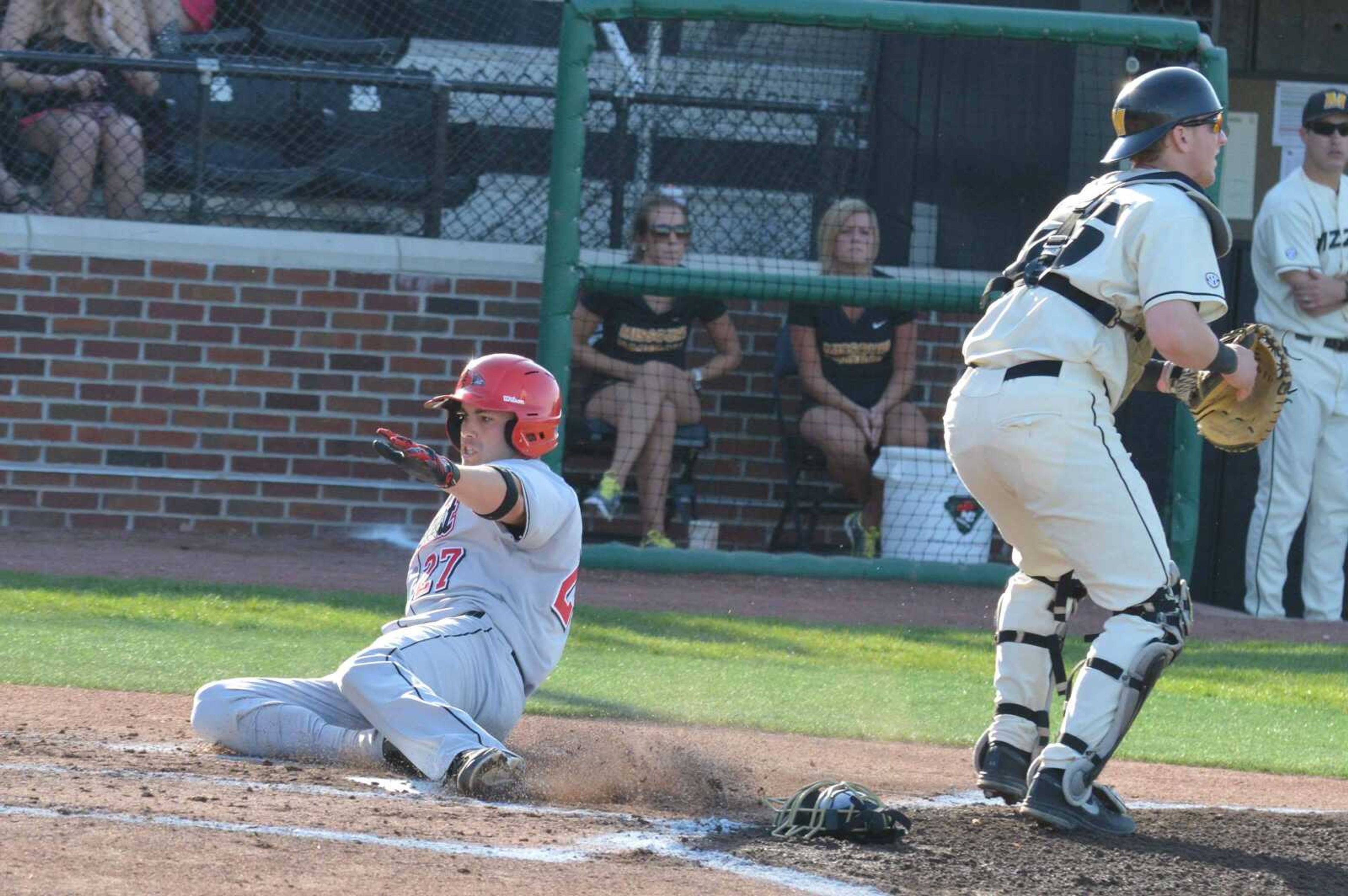 Southeast Missouri State&#8217;s Derek Gibson slides across home plate for an inside-the-park home run against Missouri on Tuesday in Columbia, Mo. (WAYNE MCPHERSON ~ Special to Southeast Missourian)