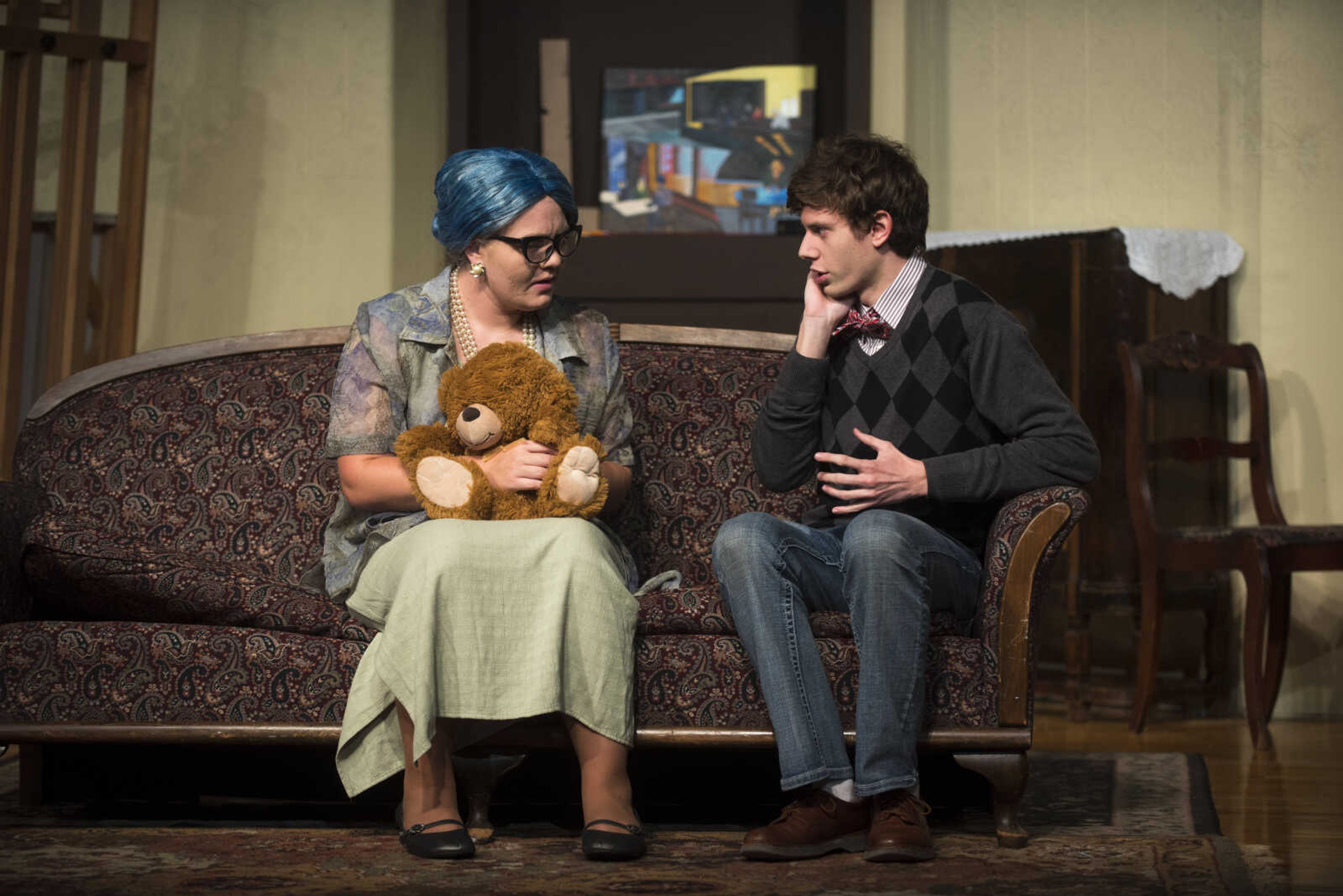 Ethel Savage, left, played by Madison Dowdy, talks with Jeffrey, played by Landon Felter, right, during a scene in a dress rehearsal for Jackson's fall play, "The Curious Savage" Oct. 10, 2017 at Jackson High School.