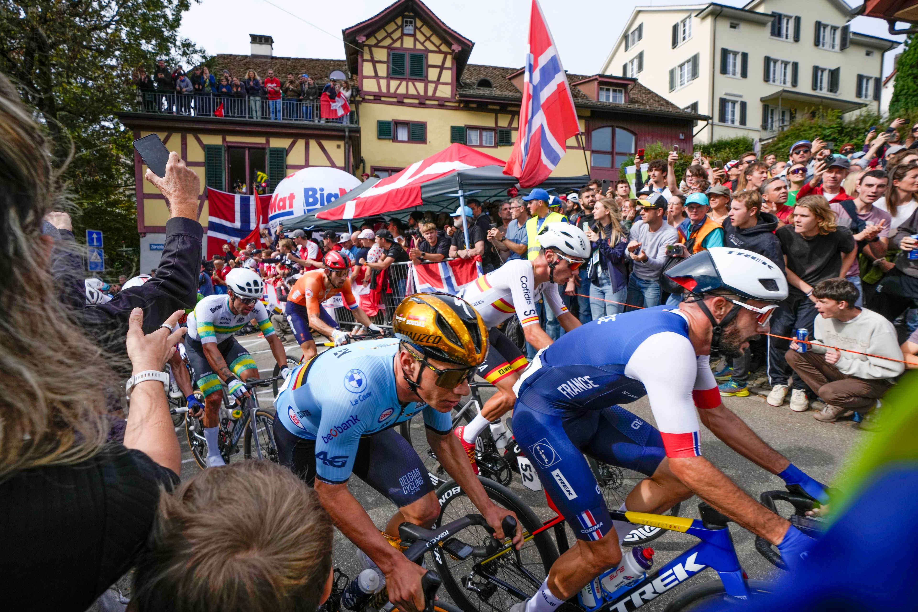 Belgium's Remco Evenepoel and France's Julien Bernard climb Zurichbergstrasse during the Men Elite road race of the Cycling and Para-cycling Road World Championships in Zurich, Switzerland, Sunday, Sept. 29, 2024.(AP Photo/Peter Dejong)