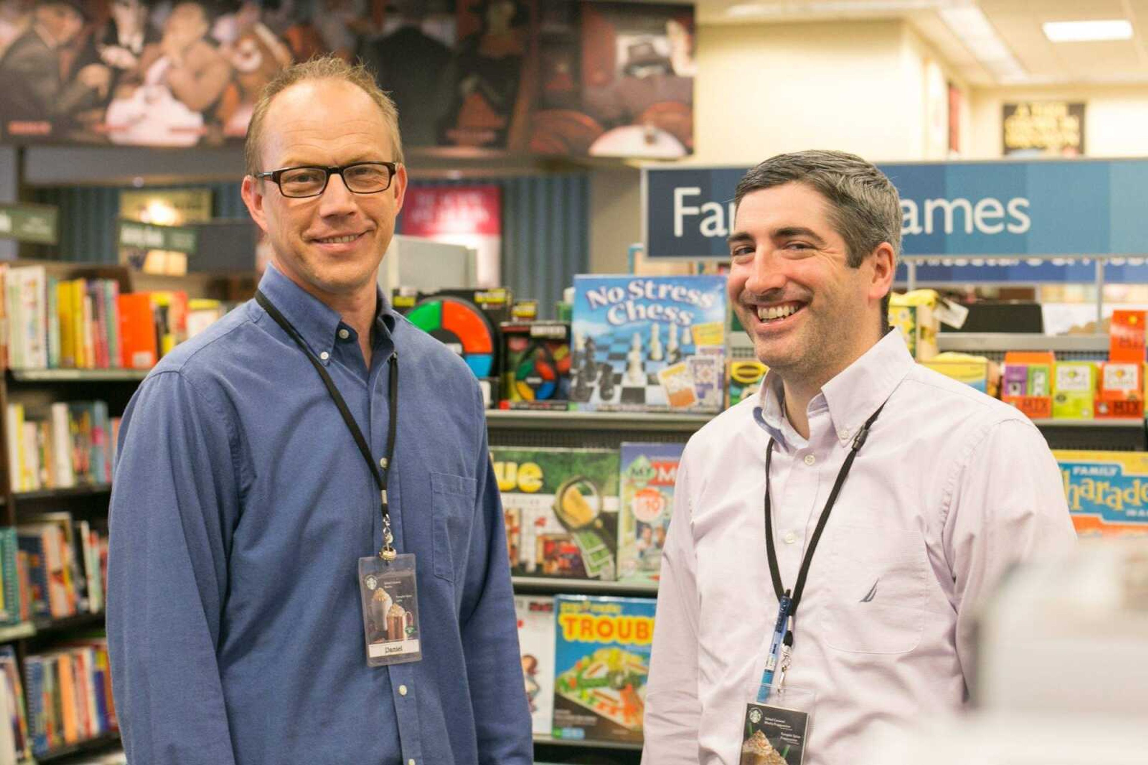 Daniel Seiler, community business development manager, and Jamie Goffey, store manager at Barnes and Noble in Cape Girardeau pose for a photo in the family games section Tuesday, Oct. 20, 2015. (Glenn Landberg)