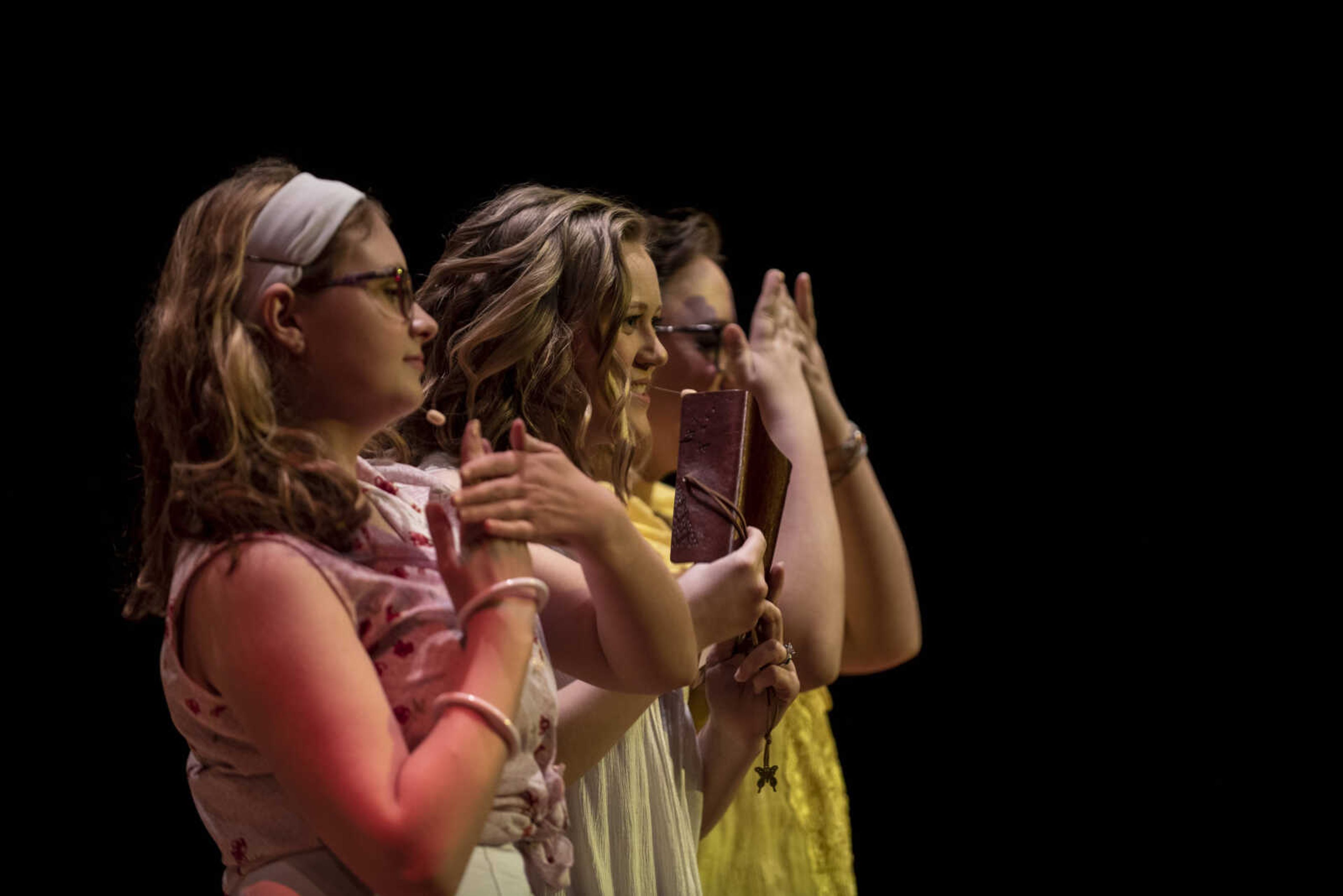 From left, Lorelai Clubb, Hannah Hansen and Abigail Kester sing "Honey, Honey" while portraying their respective roles of Lisa, Sophie Sheridan and Ali during the media night of Cape Central High School's spring musical production of "Mamma Mia!" Wednesday, April 10, 2019, in Cape Girardeau.